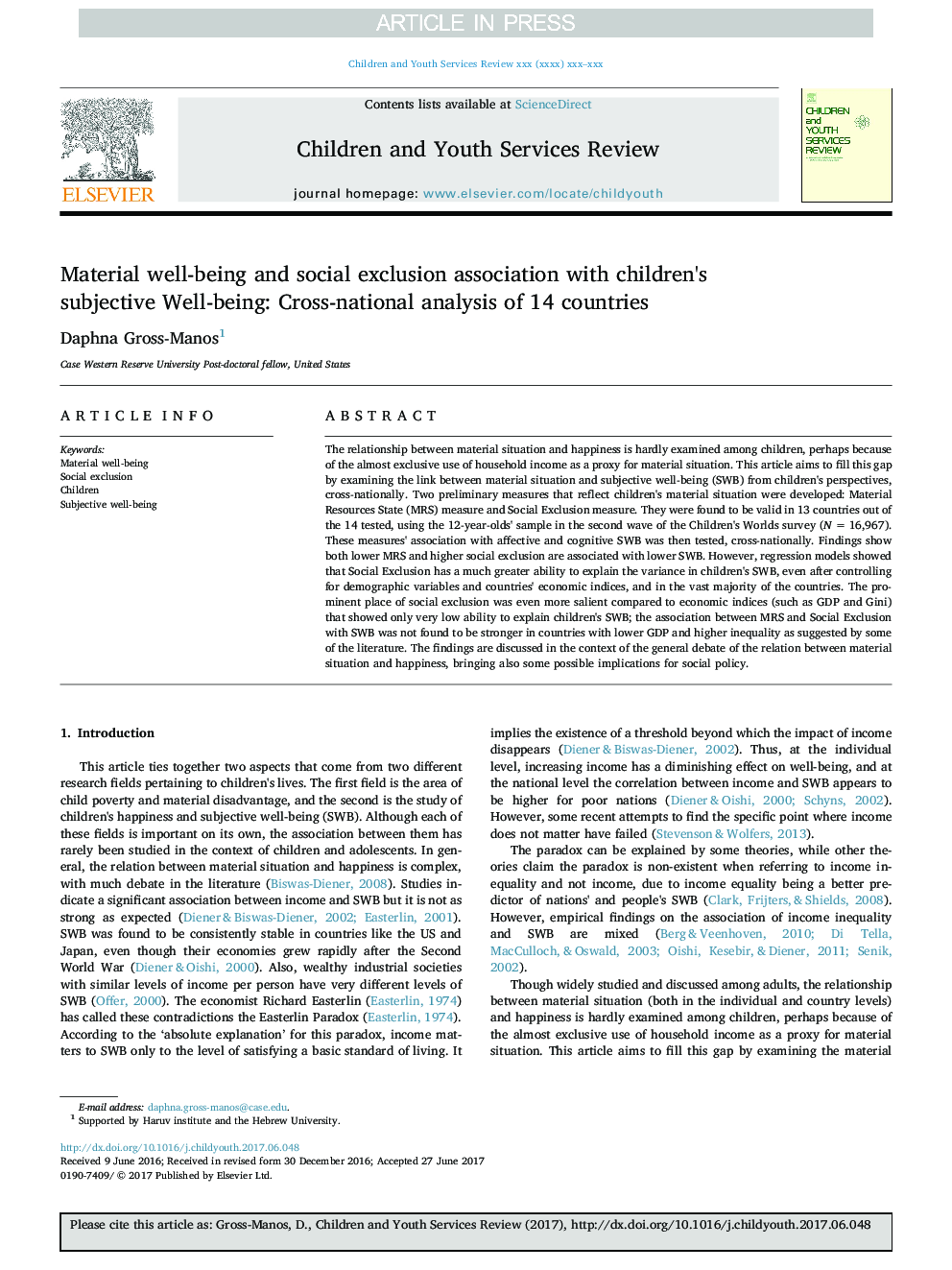 Material well-being and social exclusion association with children's subjective Well-being: Cross-national analysis of 14 countries