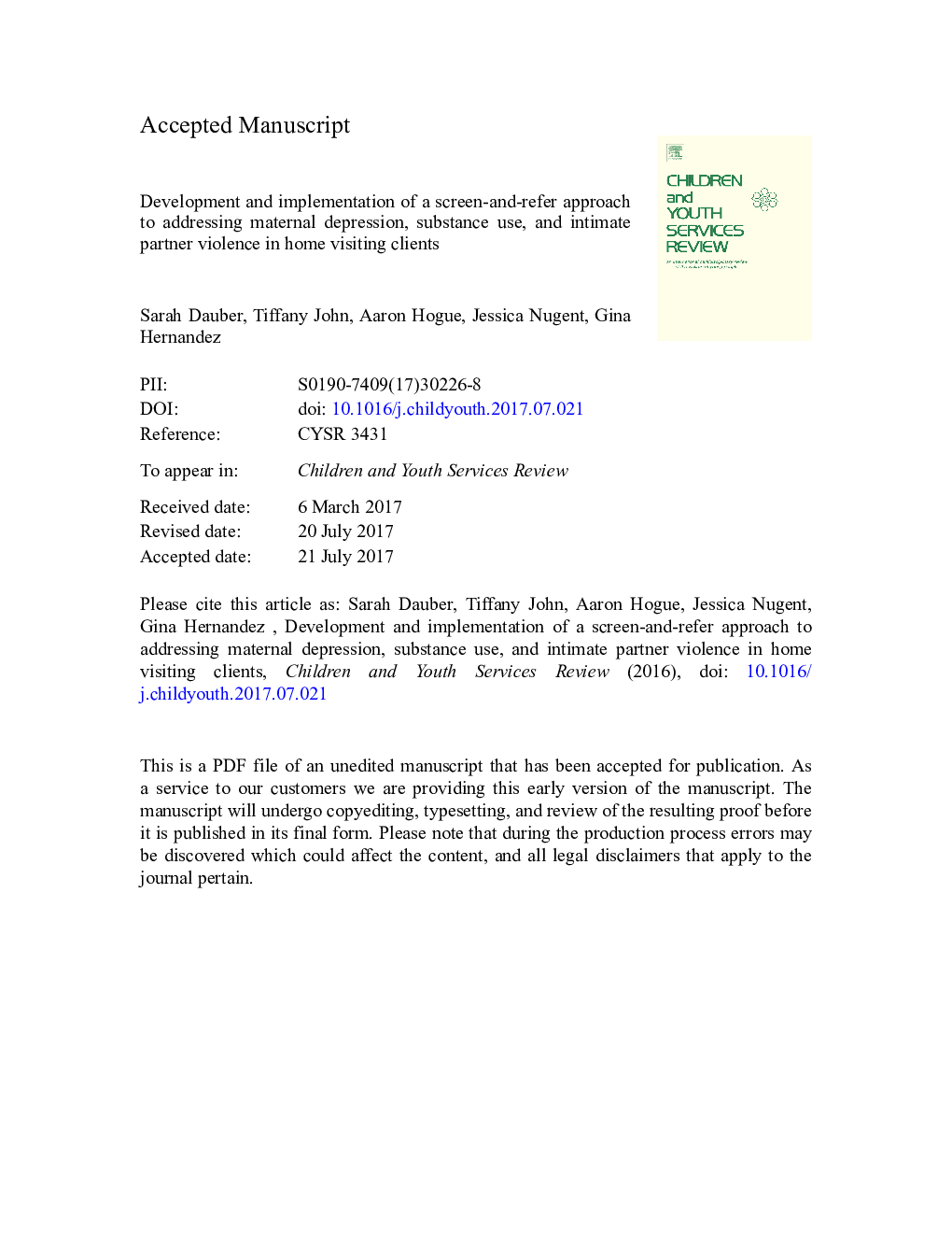 Development and implementation of a screen-and-refer approach to addressing maternal depression, substance use, and intimate partner violence in home visiting clients