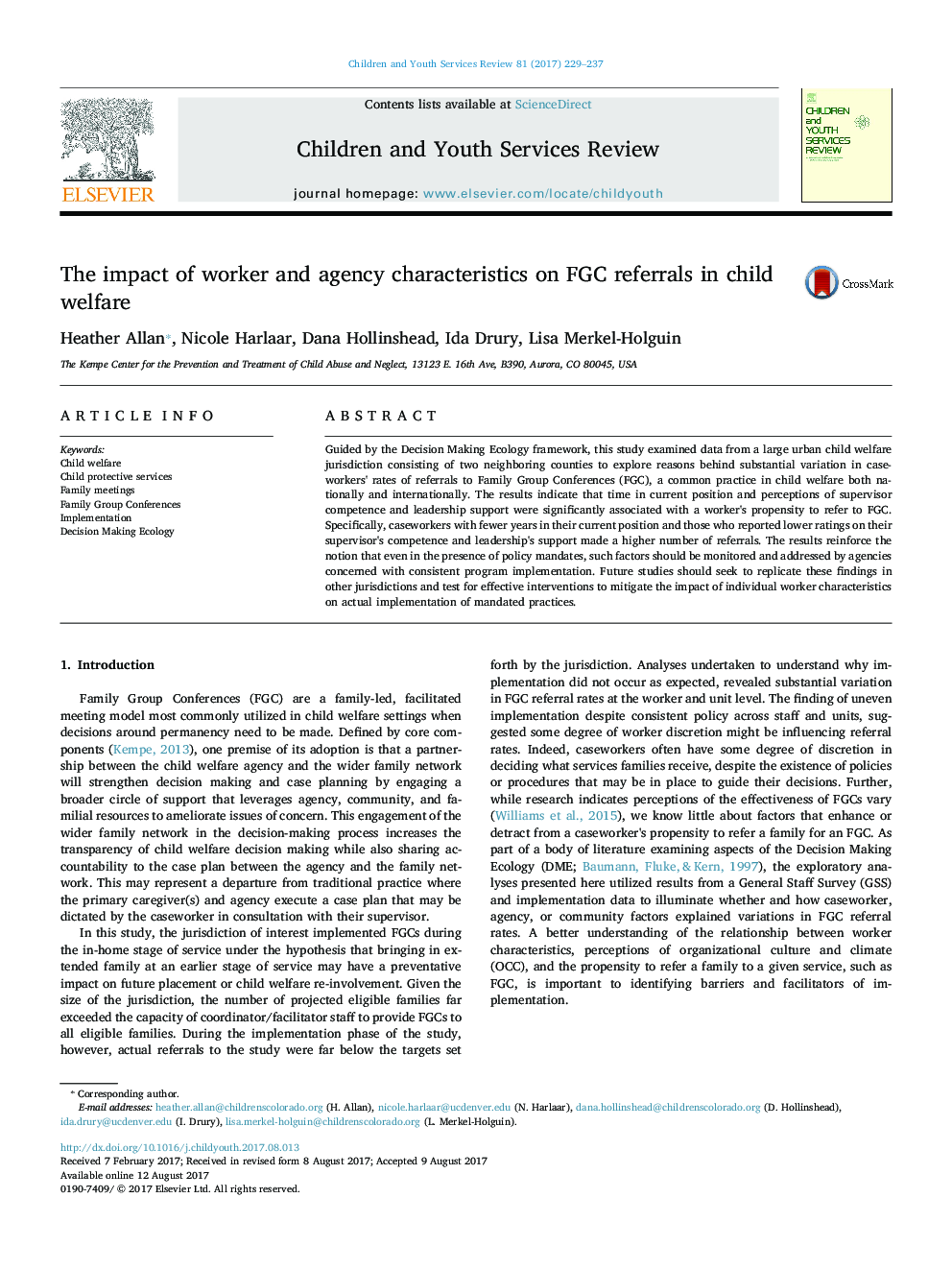 The impact of worker and agency characteristics on FGC referrals in child welfare