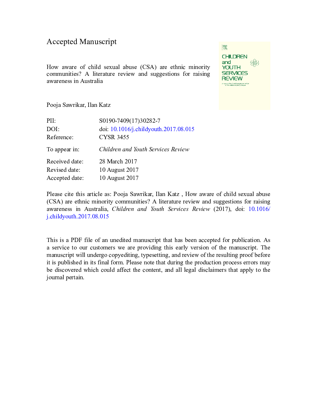 How aware of child sexual abuse (CSA) are ethnic minority communities? A literature review and suggestions for raising awareness in Australia