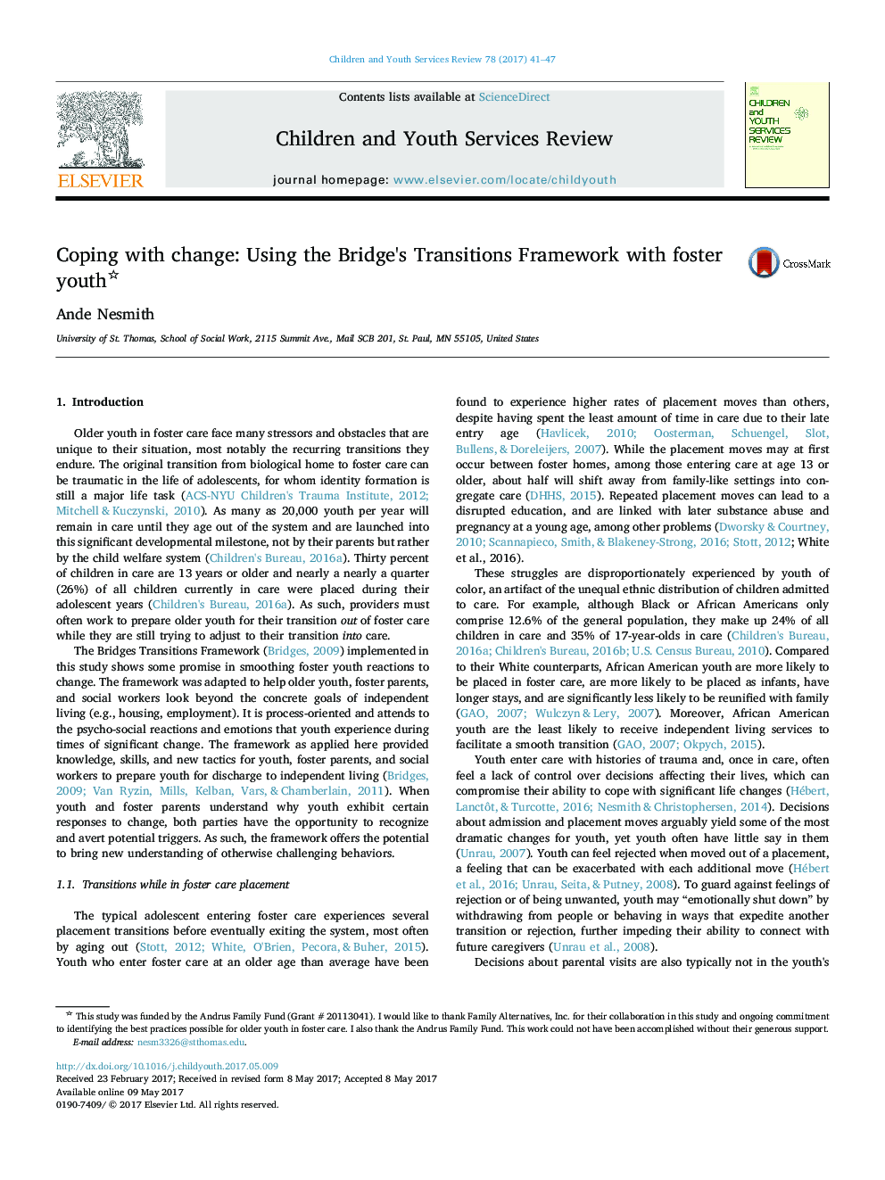 Coping with change: Using the Bridge's Transitions Framework with foster youth