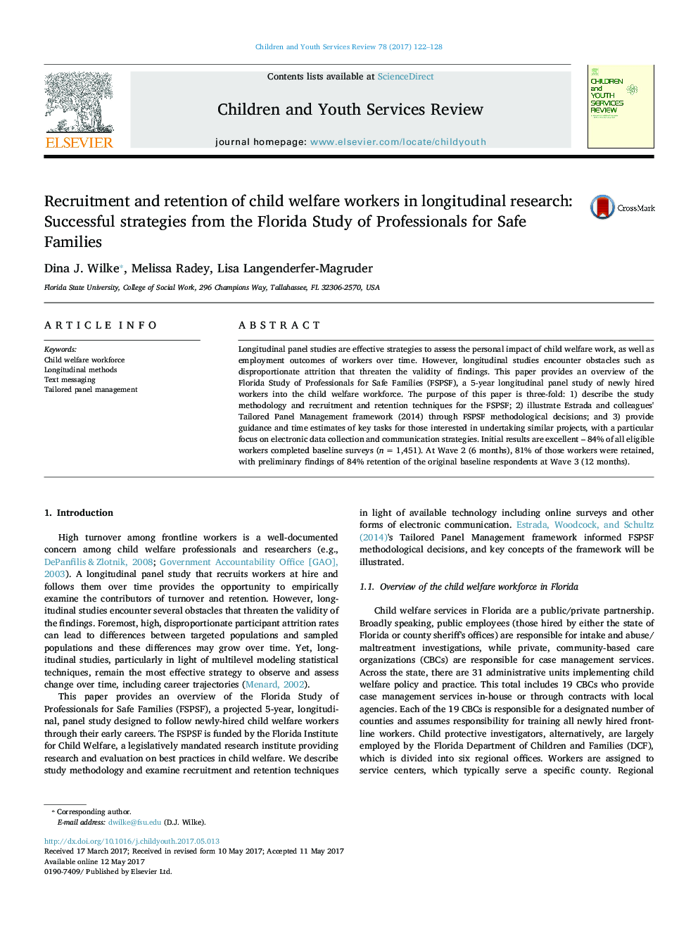 Recruitment and retention of child welfare workers in longitudinal research: Successful strategies from the Florida Study of Professionals for Safe Families