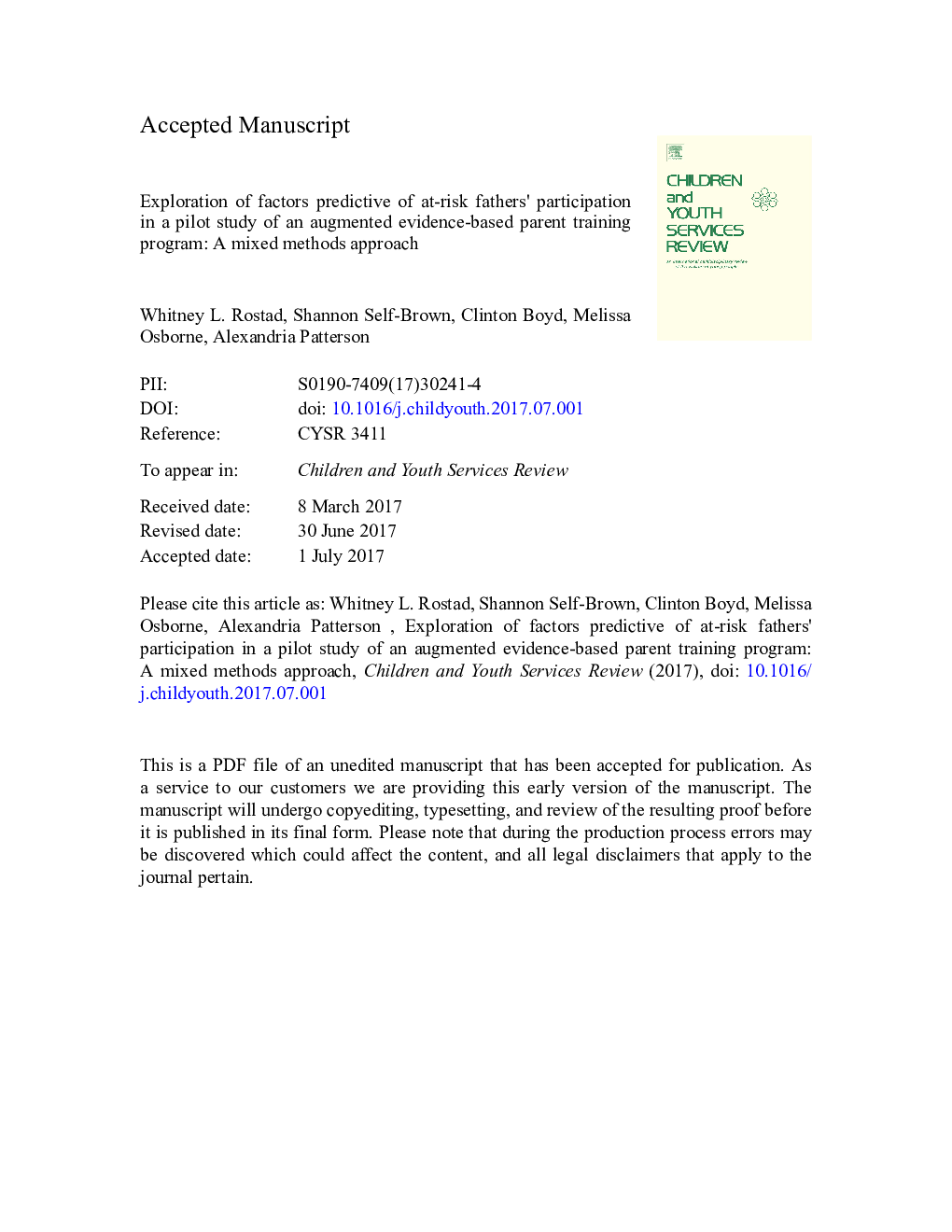 Exploration of factors predictive of at-risk fathers' participation in a pilot study of an augmented evidence-based parent training program: A mixed methods approach