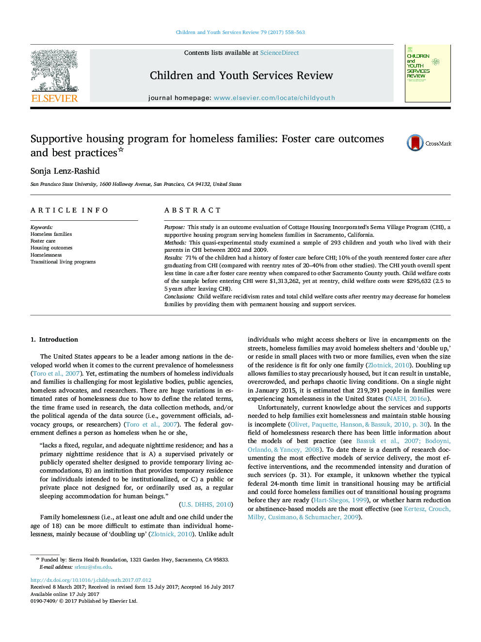 Supportive housing program for homeless families: Foster care outcomes and best practices