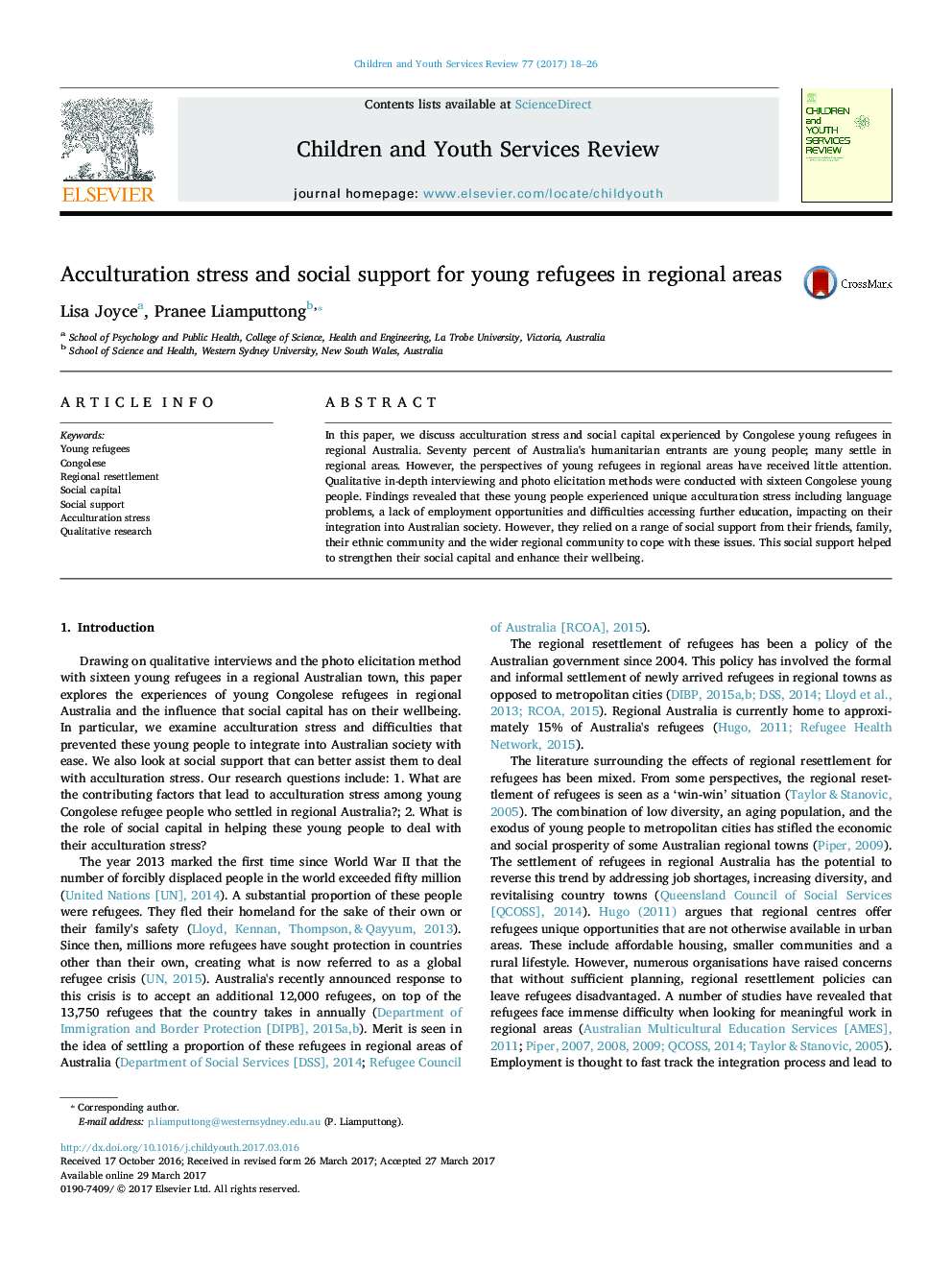 Acculturation stress and social support for young refugees in regional areas