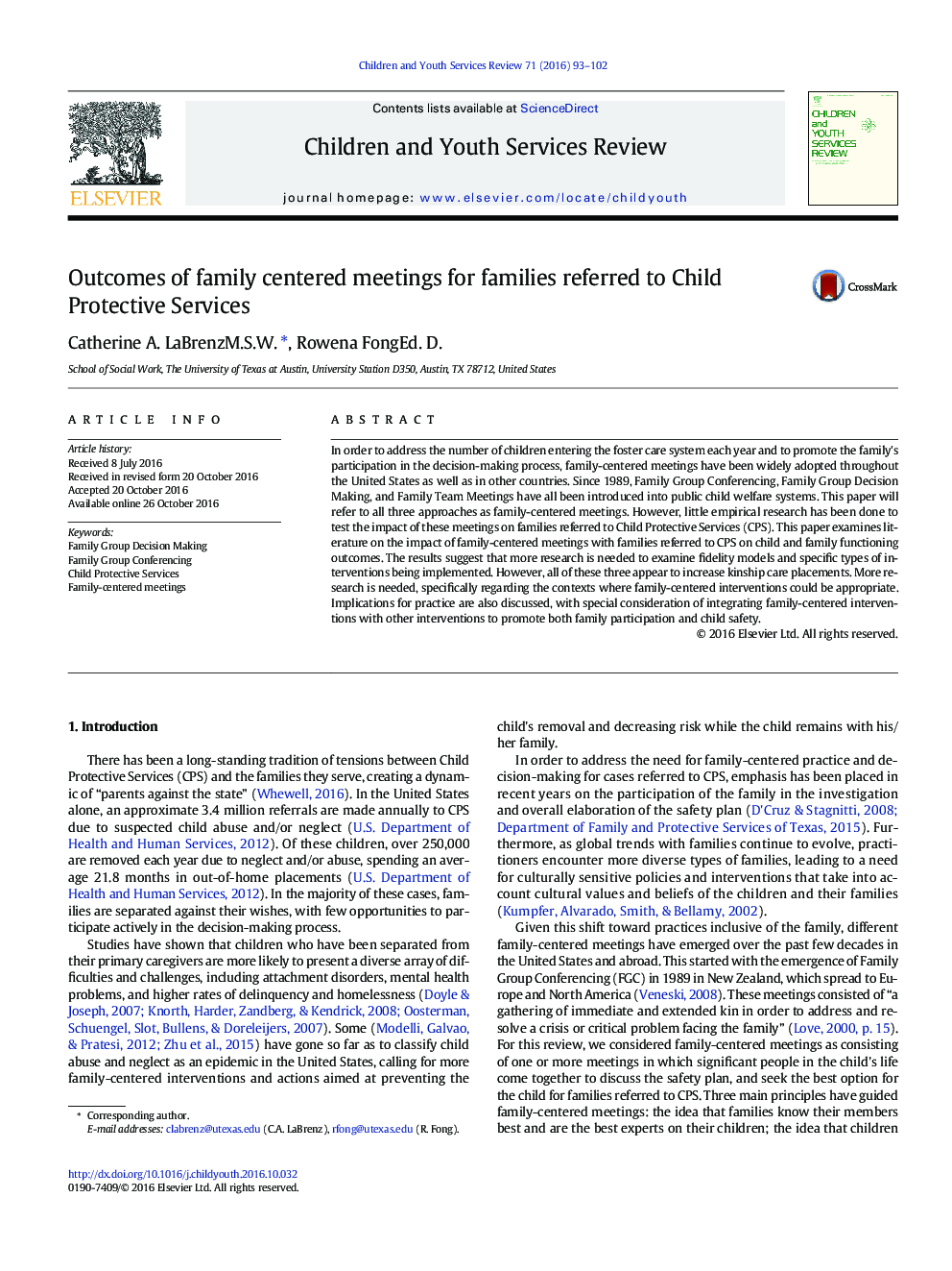 Outcomes of family centered meetings for families referred to Child Protective Services