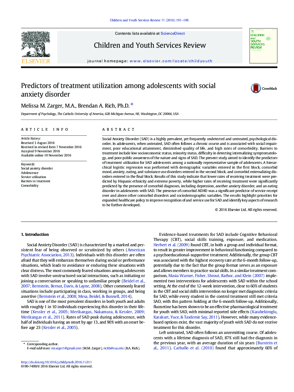 Predictors of treatment utilization among adolescents with social anxiety disorder