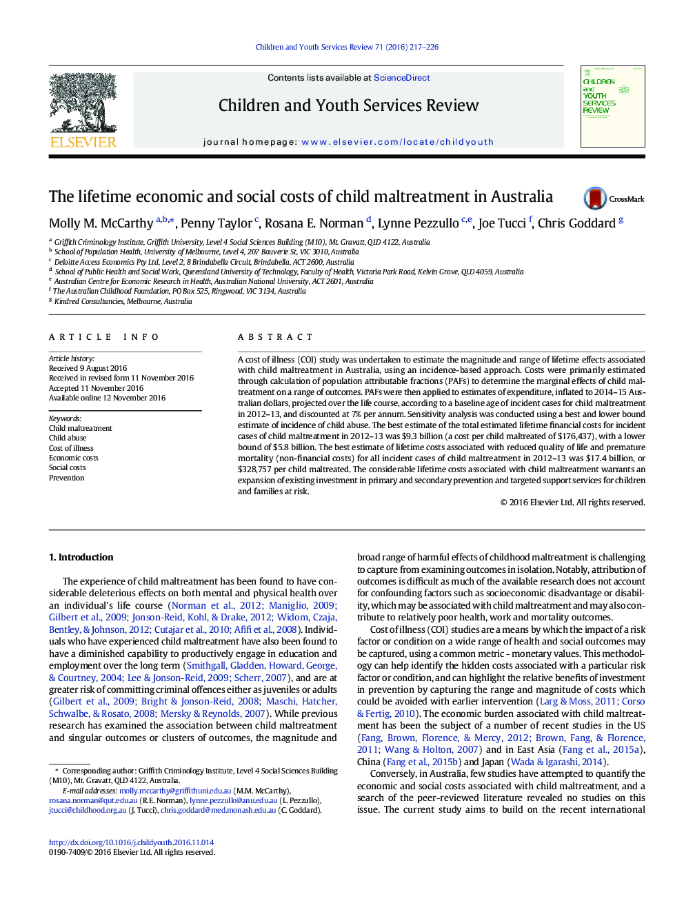 The lifetime economic and social costs of child maltreatment in Australia