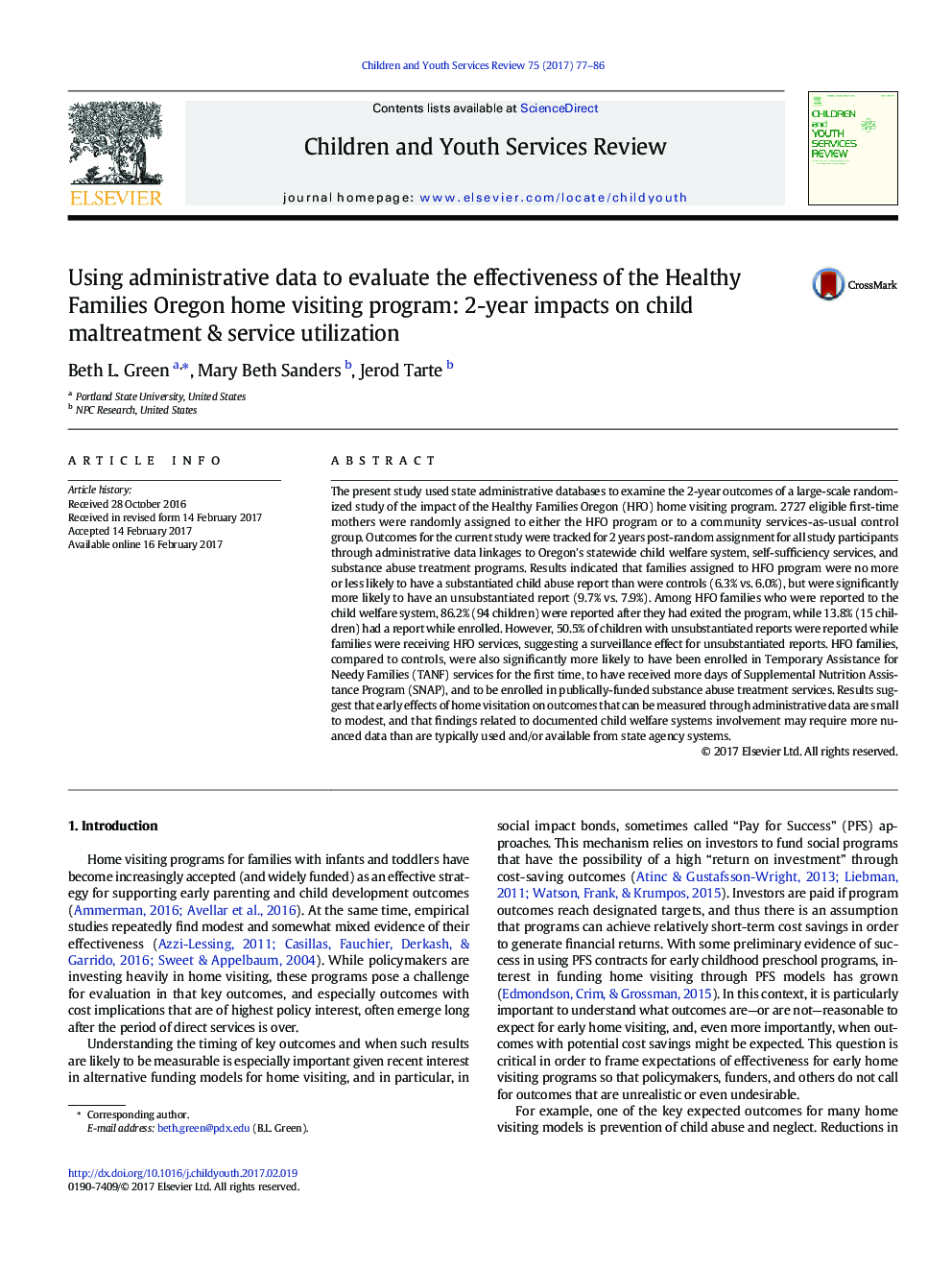 Using administrative data to evaluate the effectiveness of the Healthy Families Oregon home visiting program: 2-year impacts on child maltreatment & service utilization