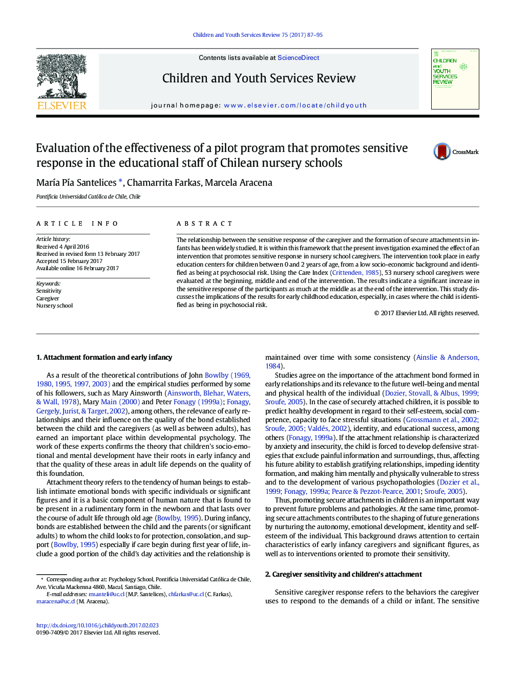 Evaluation of the effectiveness of a pilot program that promotes sensitive response in the educational staff of Chilean nursery schools