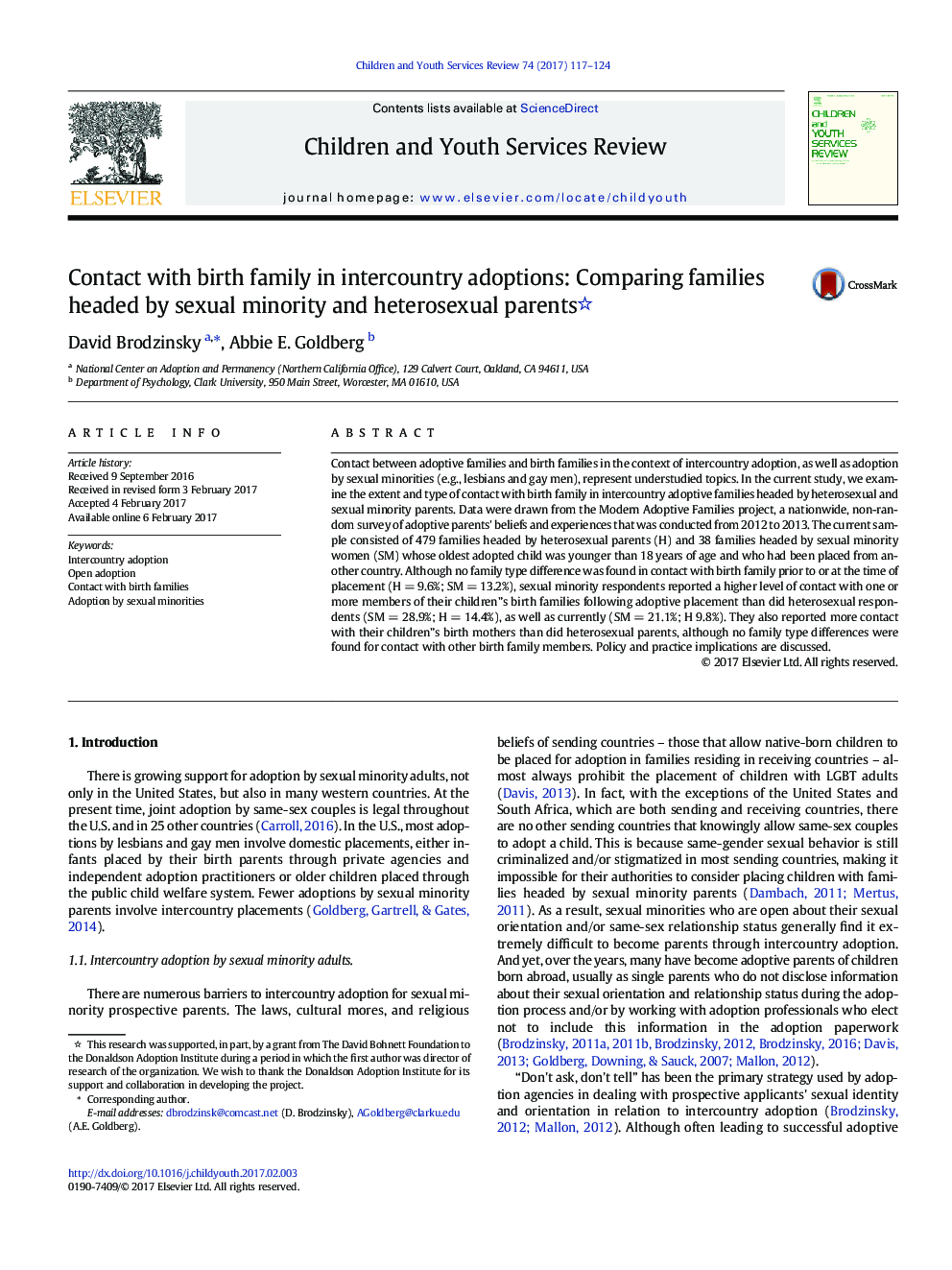 Contact with birth family in intercountry adoptions: Comparing families headed by sexual minority and heterosexual parents