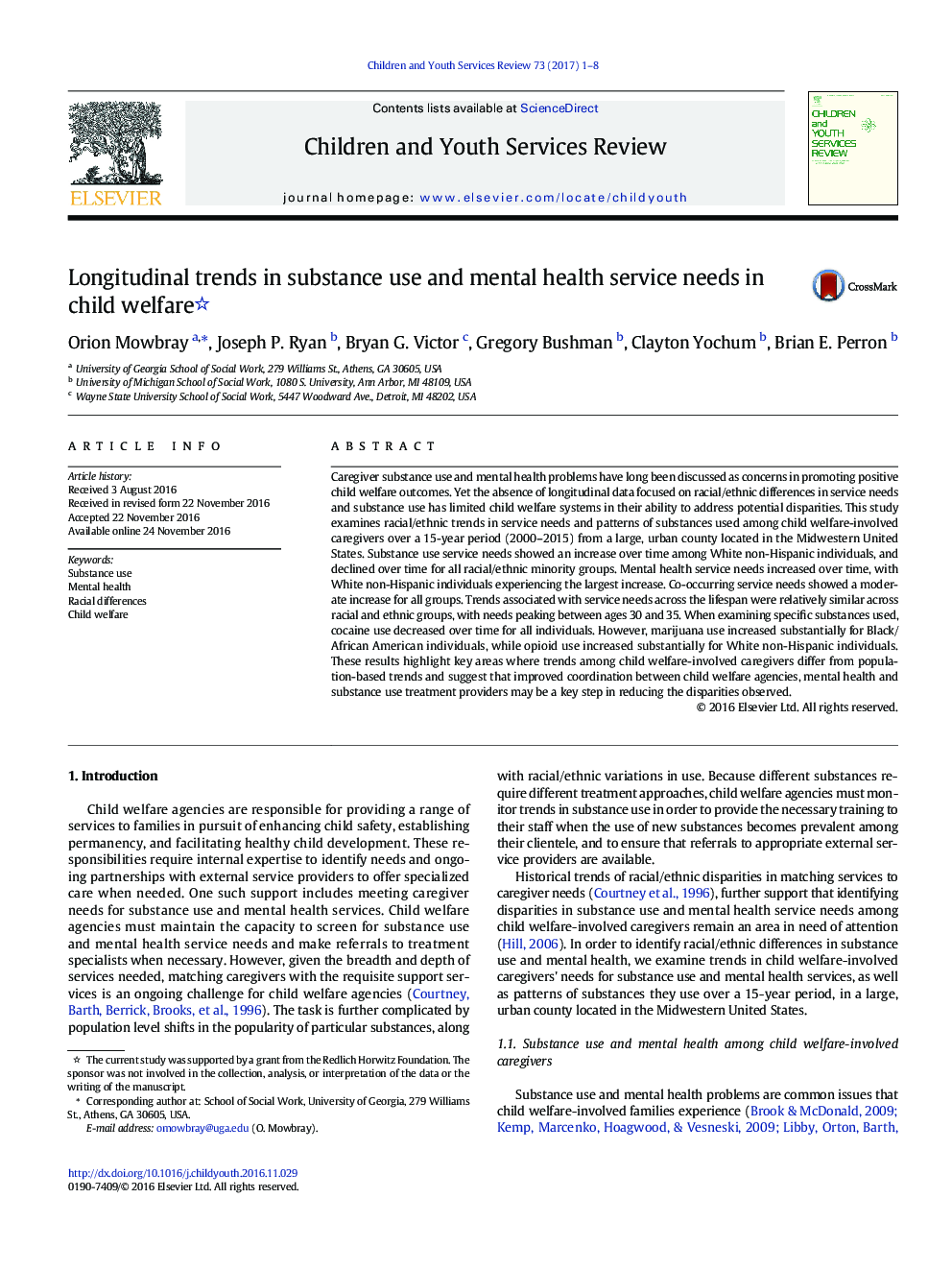 Longitudinal trends in substance use and mental health service needs in child welfare