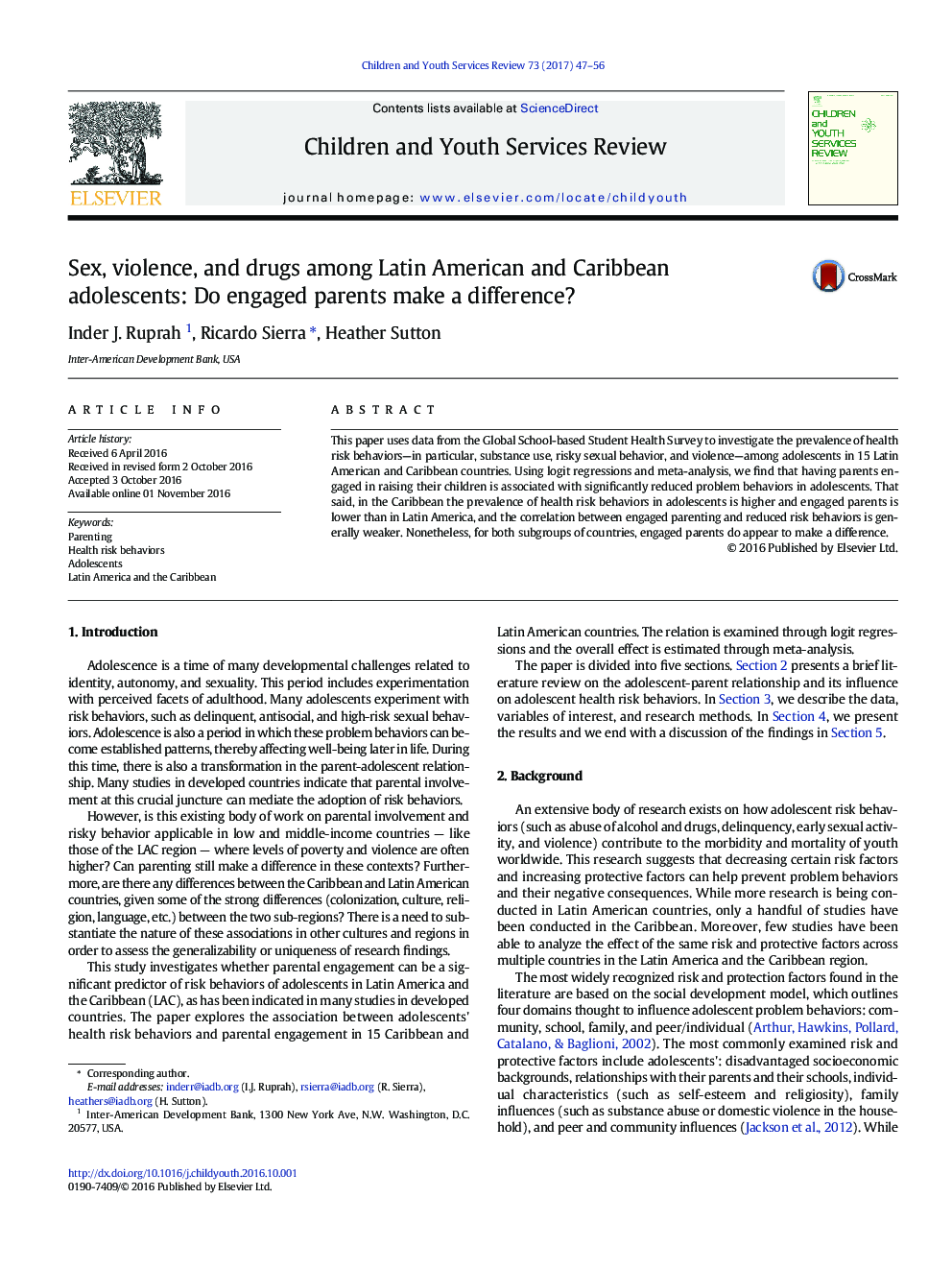 Sex, violence, and drugs among Latin American and Caribbean adolescents: Do engaged parents make a difference?