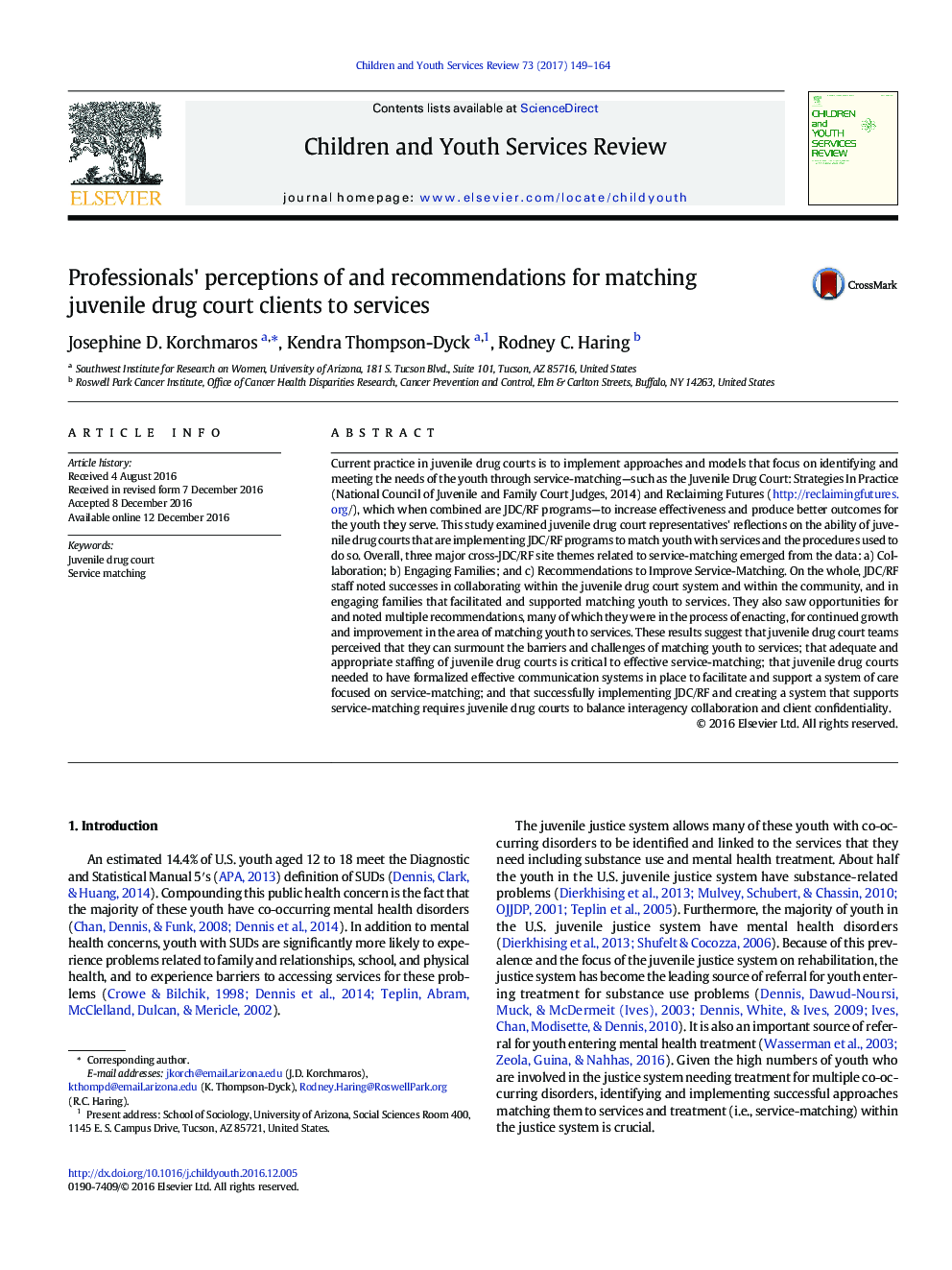 Professionals' perceptions of and recommendations for matching juvenile drug court clients to services