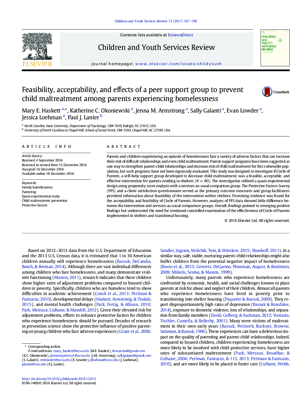 Feasibility, acceptability, and effects of a peer support group to prevent child maltreatment among parents experiencing homelessness