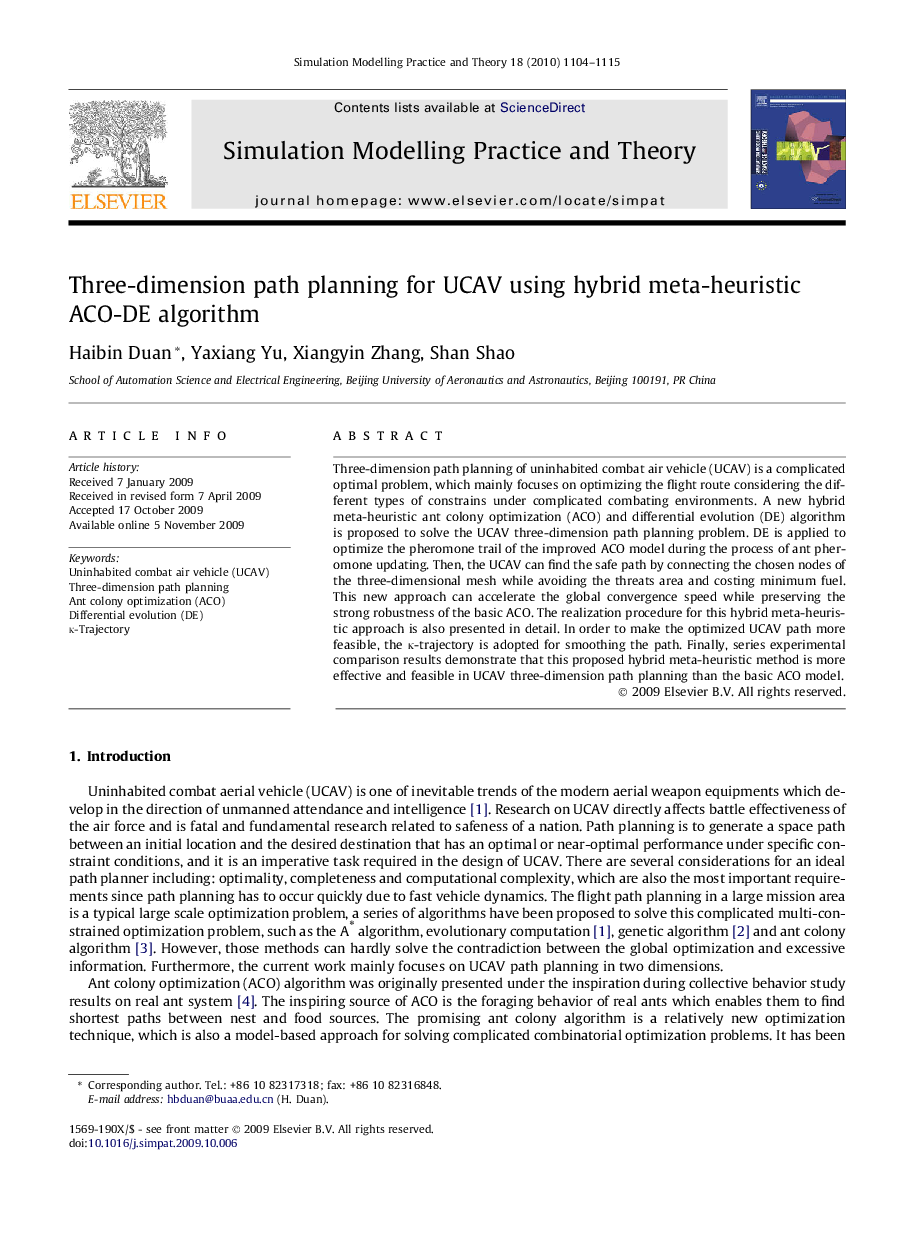 Three-dimension path planning for UCAV using hybrid meta-heuristic ACO-DE algorithm