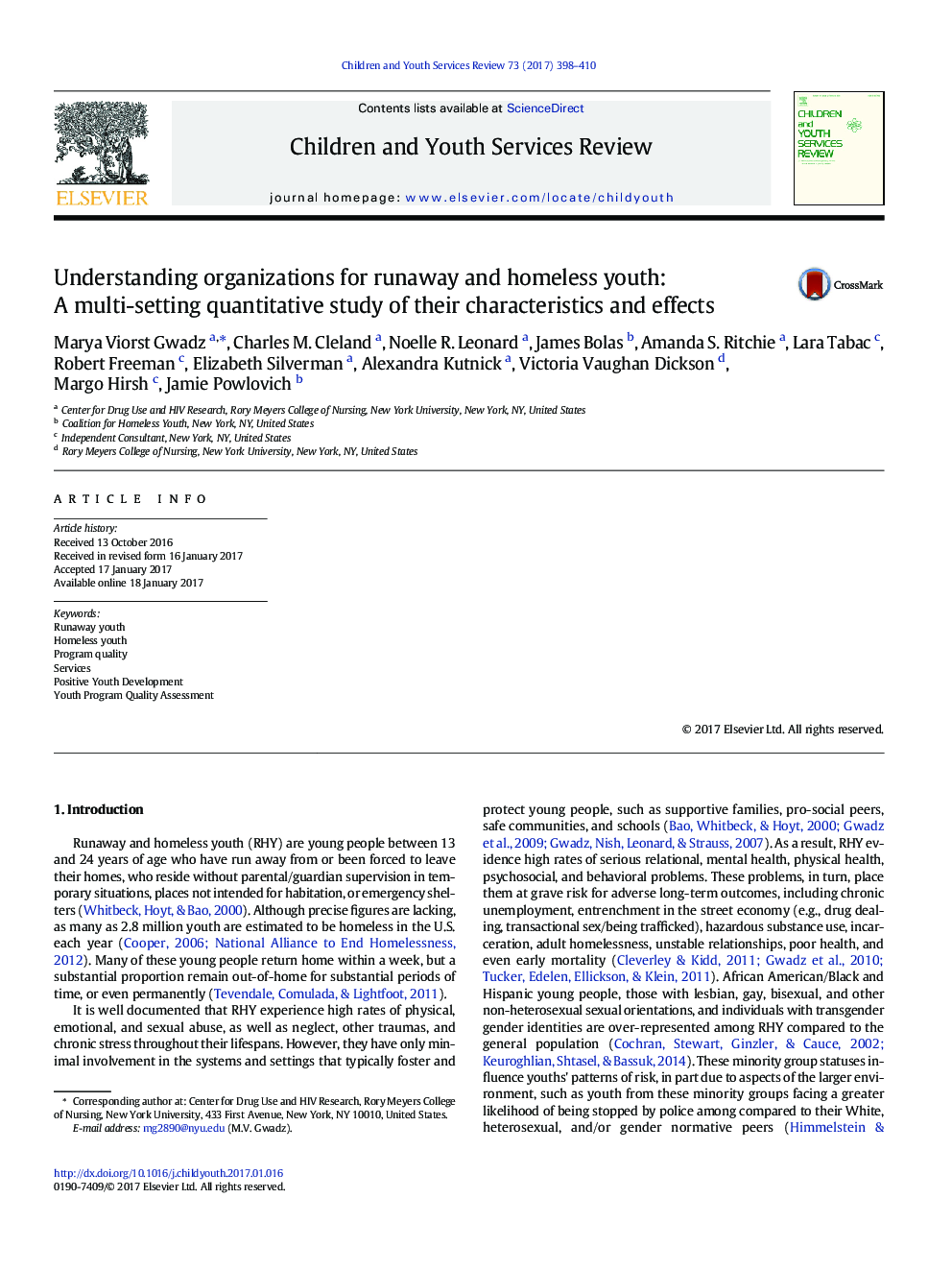 Understanding organizations for runaway and homeless youth: A multi-setting quantitative study of their characteristics and effects