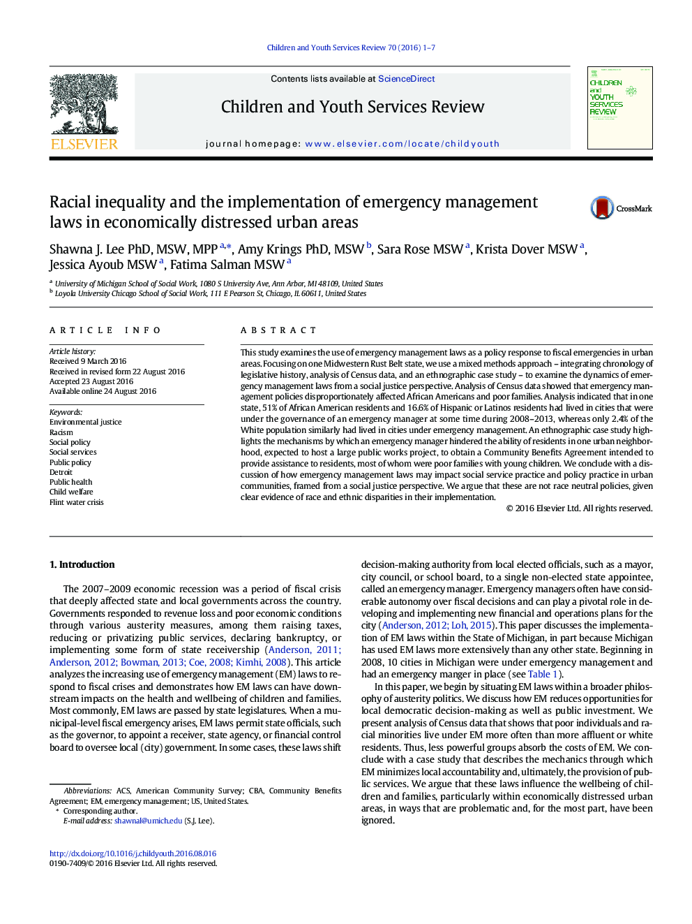 Racial inequality and the implementation of emergency management laws in economically distressed urban areas