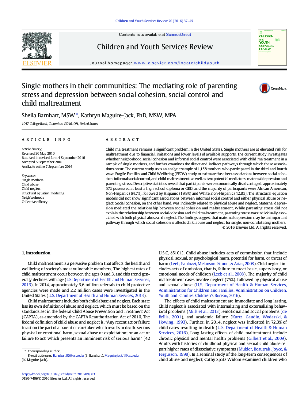 Single mothers in their communities: The mediating role of parenting stress and depression between social cohesion, social control and child maltreatment