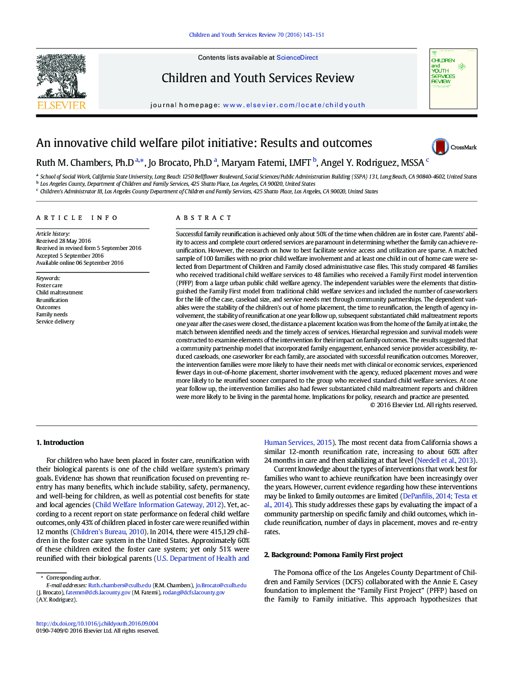 An innovative child welfare pilot initiative: Results and outcomes