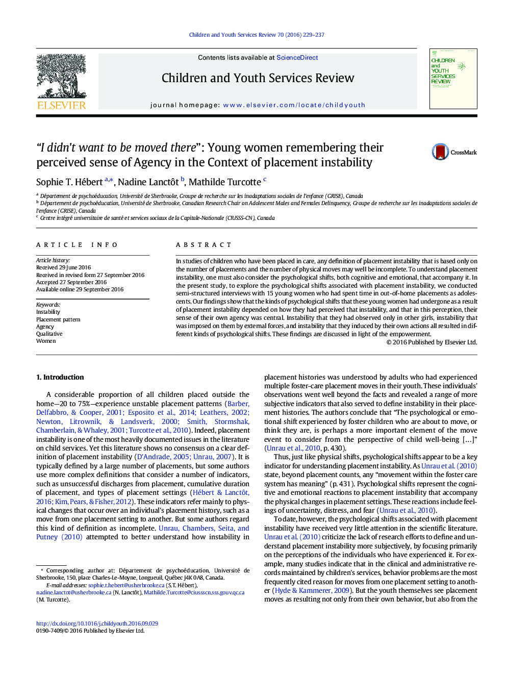 “I didn't want to be moved there”: Young women remembering their perceived sense of Agency in the Context of placement instability