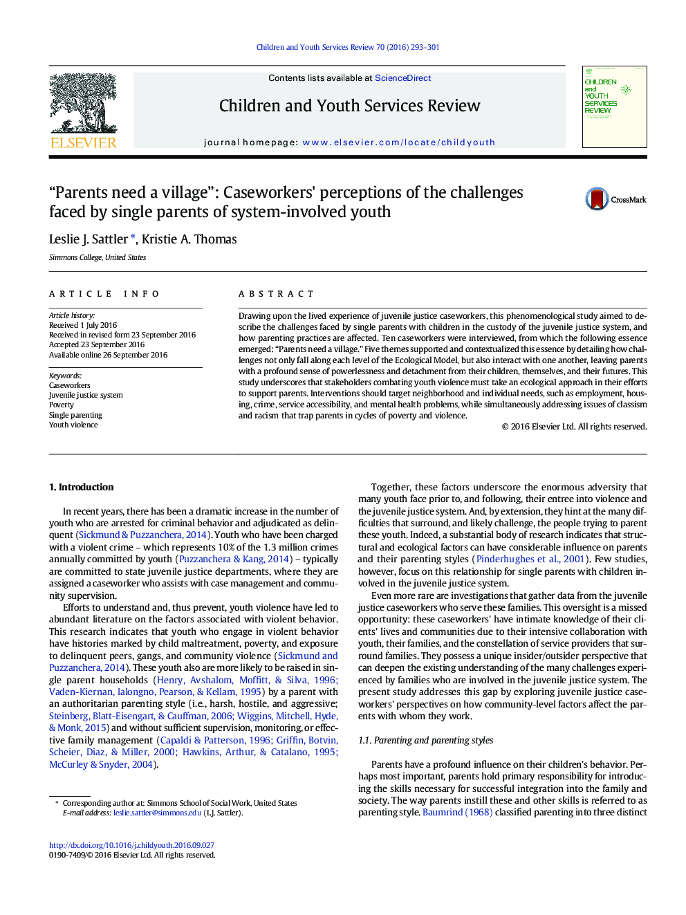 “Parents need a village”: Caseworkers' perceptions of the challenges faced by single parents of system-involved youth