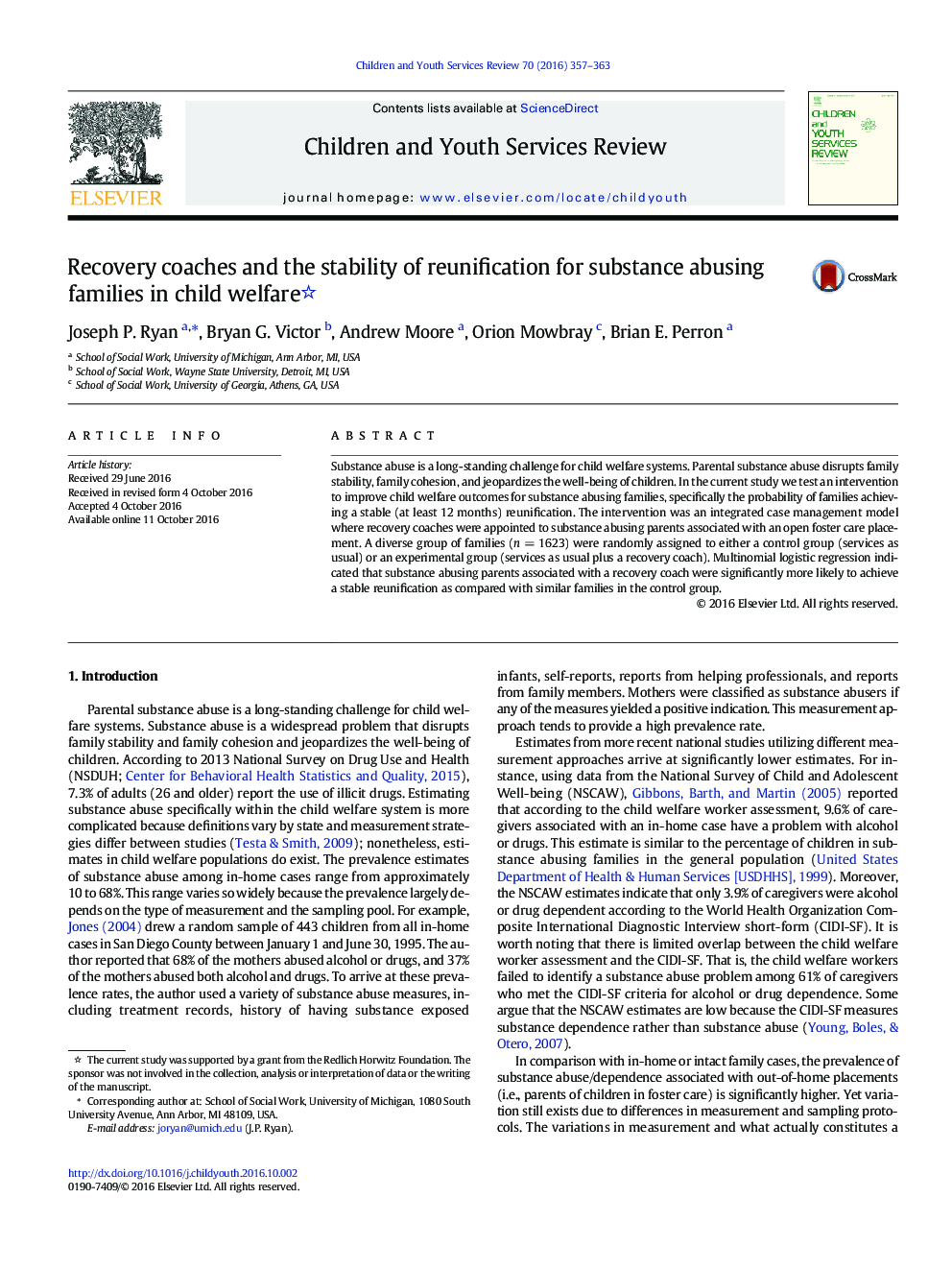 Recovery coaches and the stability of reunification for substance abusing families in child welfare