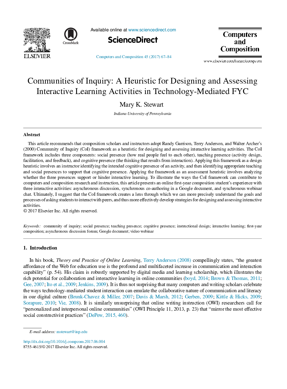 Communities of Inquiry: A Heuristic for Designing and Assessing Interactive Learning Activities in Technology-Mediated FYC