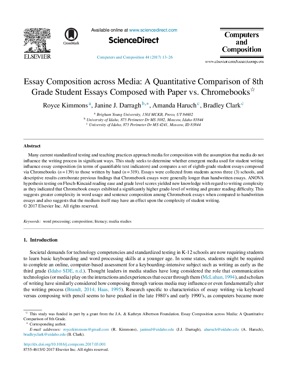 Essay Composition across Media: A Quantitative Comparison of 8th Grade Student Essays Composed with Paper vs. Chromebooks