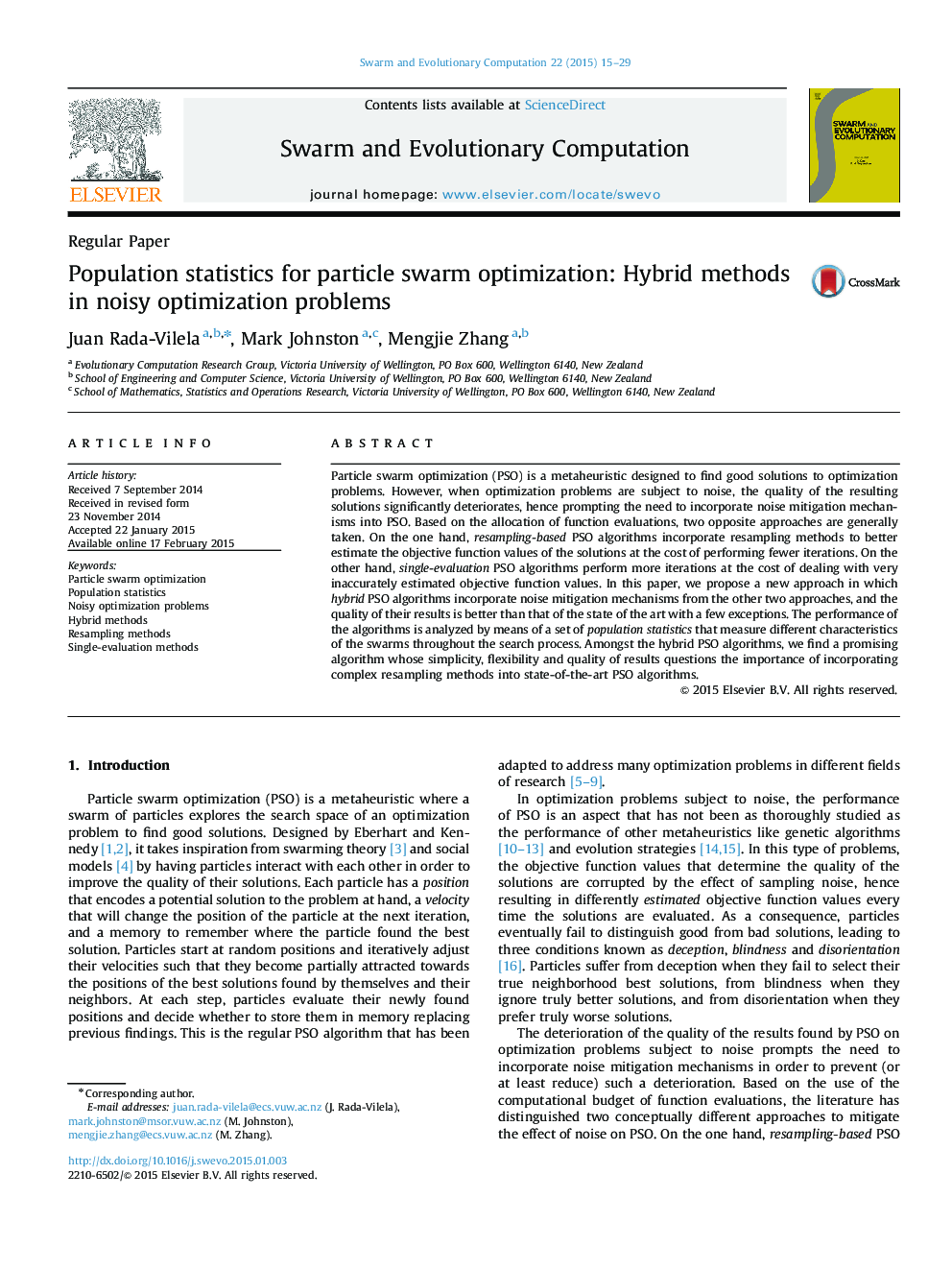 Population statistics for particle swarm optimization: Hybrid methods in noisy optimization problems