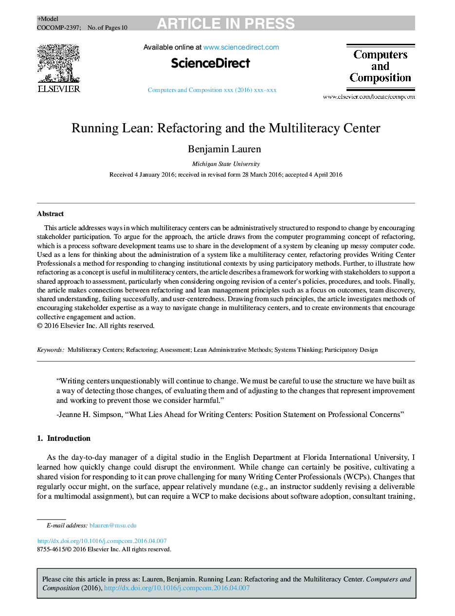 Running Lean: Refactoring and the Multiliteracy Center