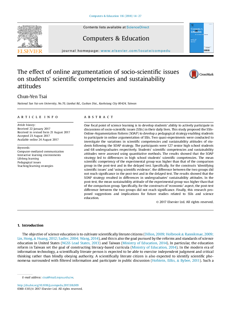 The effect of online argumentation of socio-scientific issues on students' scientific competencies and sustainability attitudes