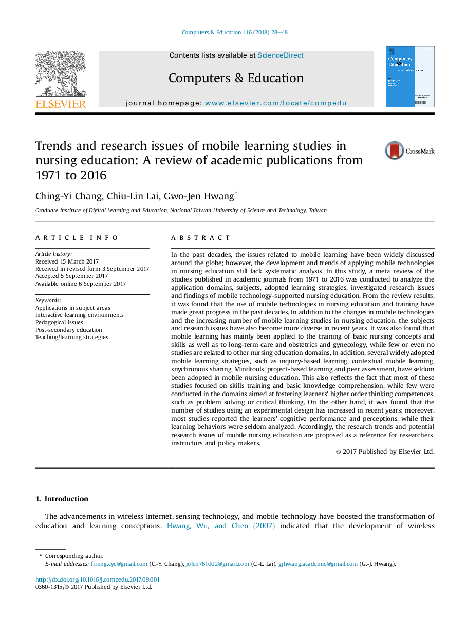 Trends and research issues of mobile learning studies in nursing education: A review of academic publications from 1971 to 2016