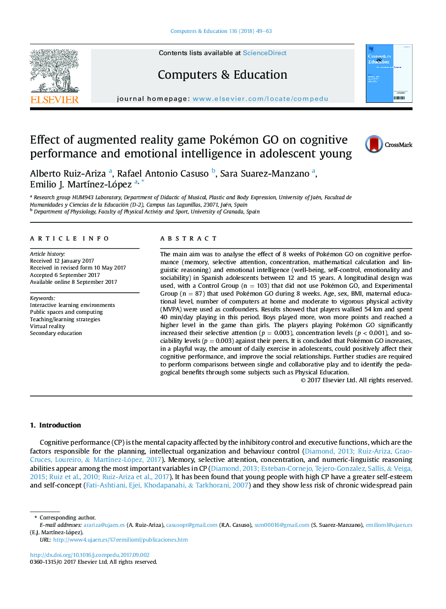 Effect of augmented reality game Pokémon GO on cognitive performance and emotional intelligence in adolescent young