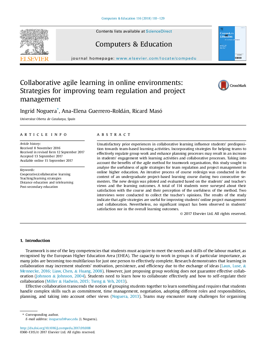 Collaborative agile learning in online environments: Strategies for improving team regulation and project management