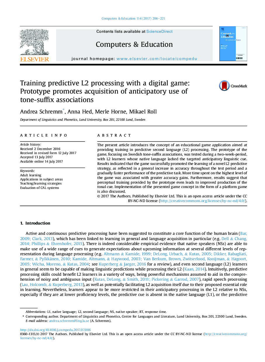 Training predictive L2 processing with a digital game: Prototype promotes acquisition of anticipatory use of tone-suffix associations