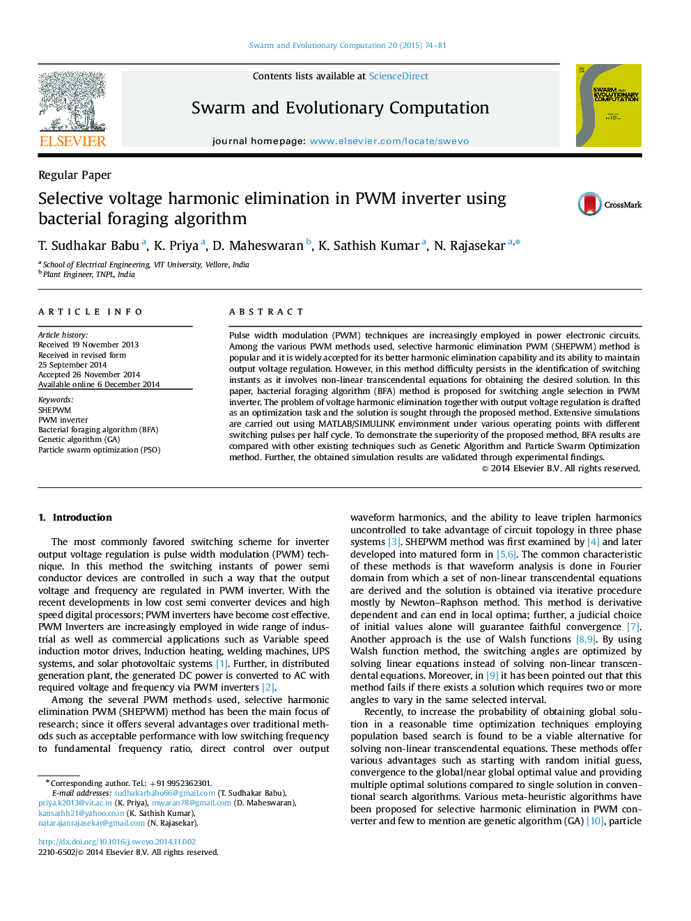 Selective voltage harmonic elimination in PWM inverter using bacterial foraging algorithm