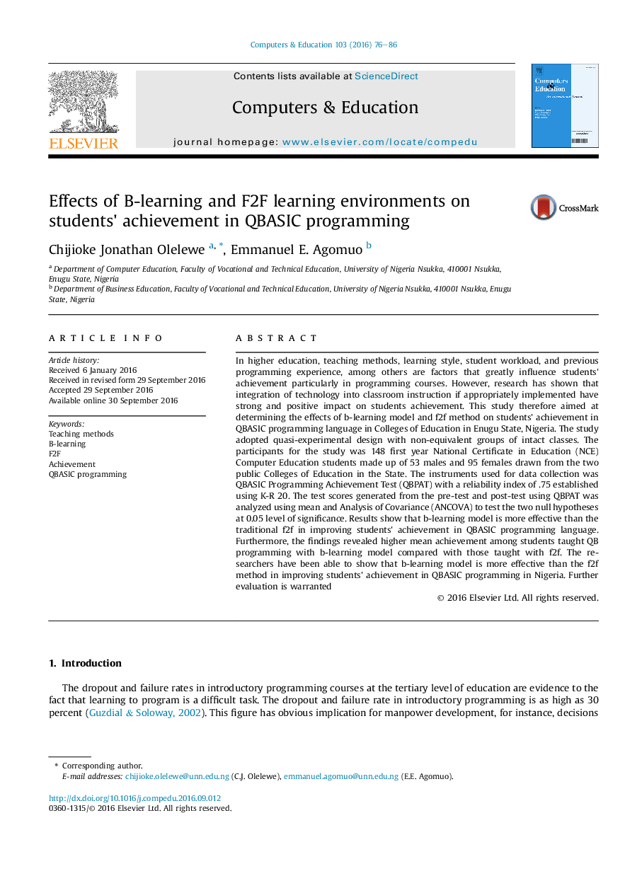 Effects of B-learning and F2F learning environments on students' achievement in QBASIC programming