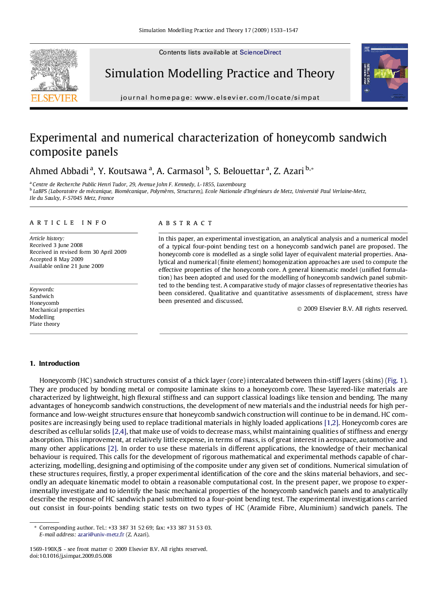 Experimental and numerical characterization of honeycomb sandwich composite panels