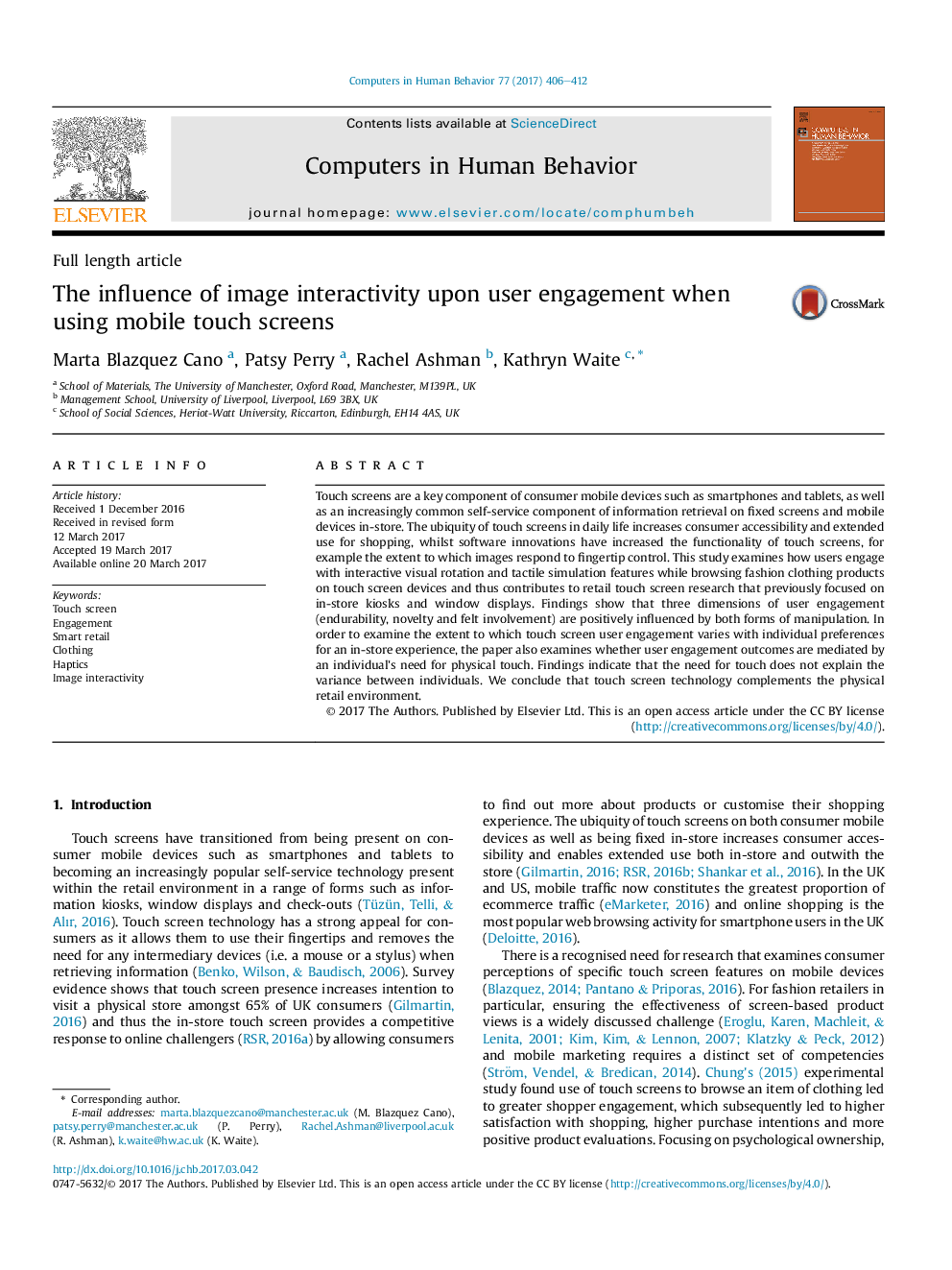 The influence of image interactivity upon user engagement when using mobile touch screens