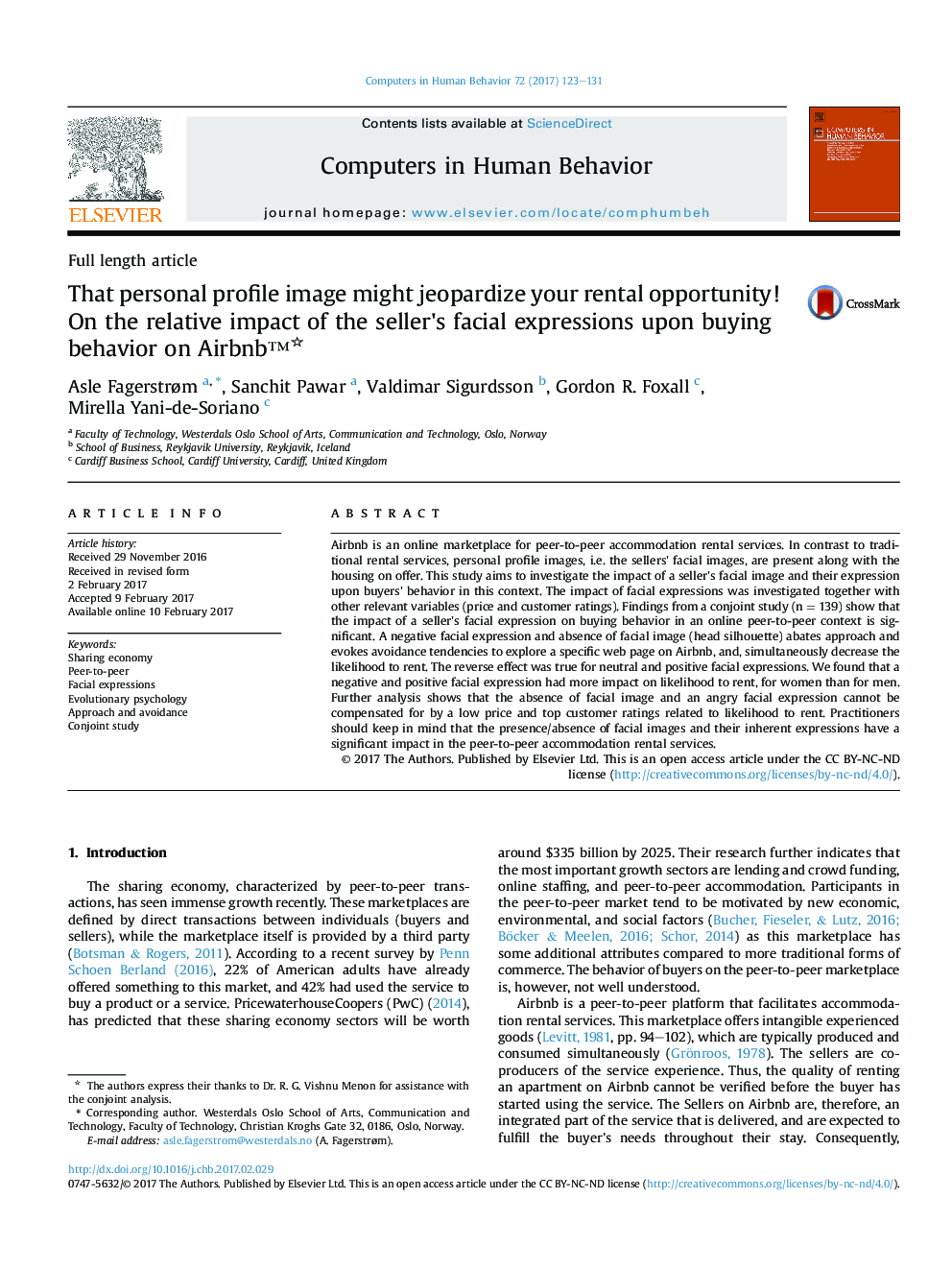 That personal profile image might jeopardize your rental opportunity! On the relative impact of the seller's facial expressions upon buying behavior on Airbnbâ¢