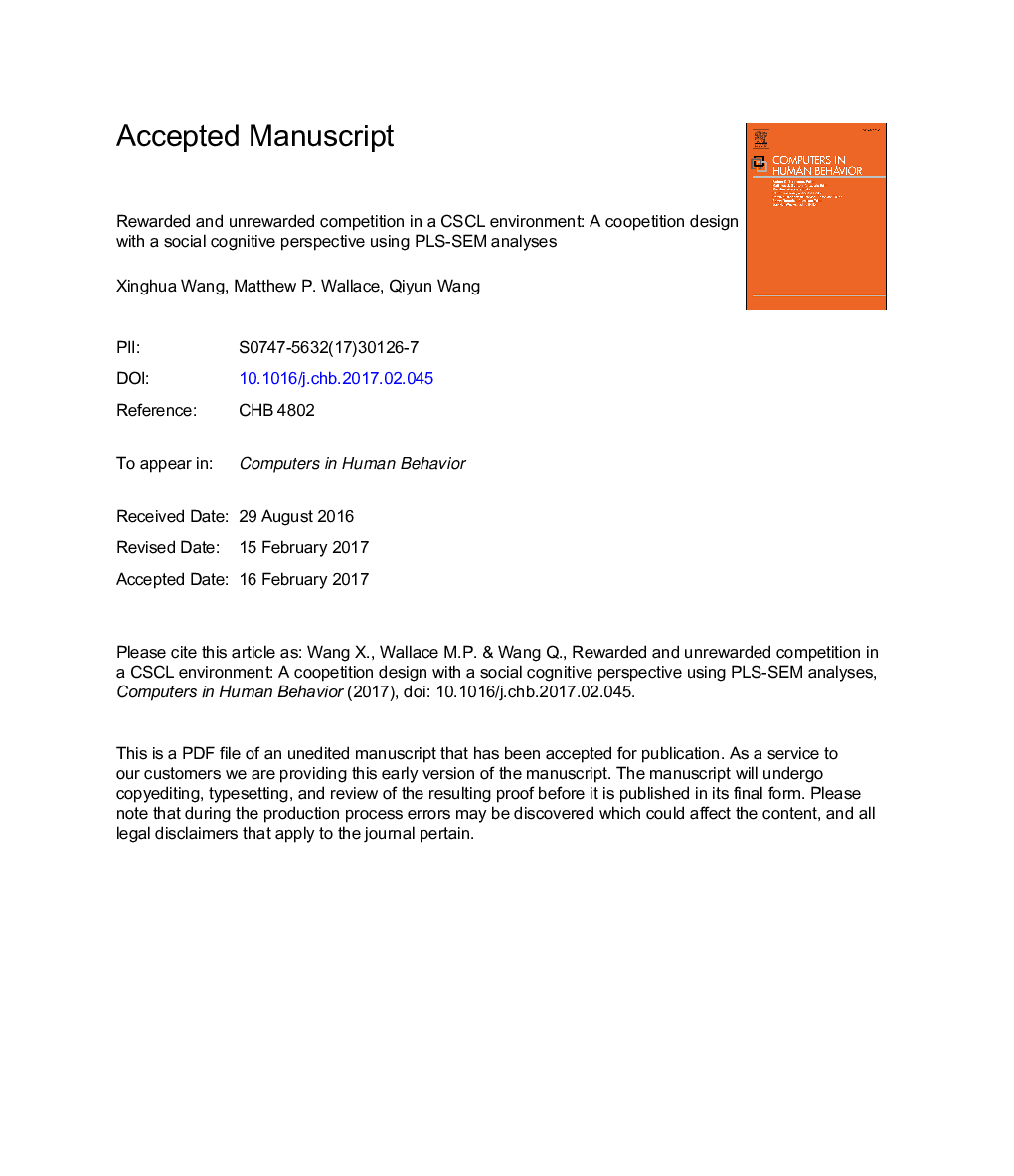 Rewarded and unrewarded competition in a CSCL environment: A coopetition design with a social cognitive perspective using PLS-SEM analyses