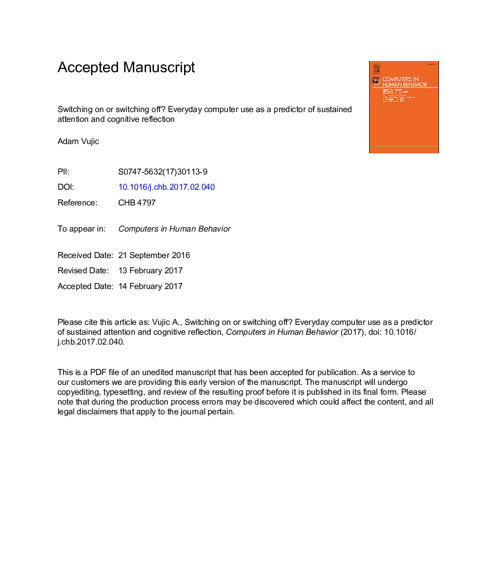 Switching on or switching off? Everyday computer use as a predictor of sustained attention and cognitive reflection