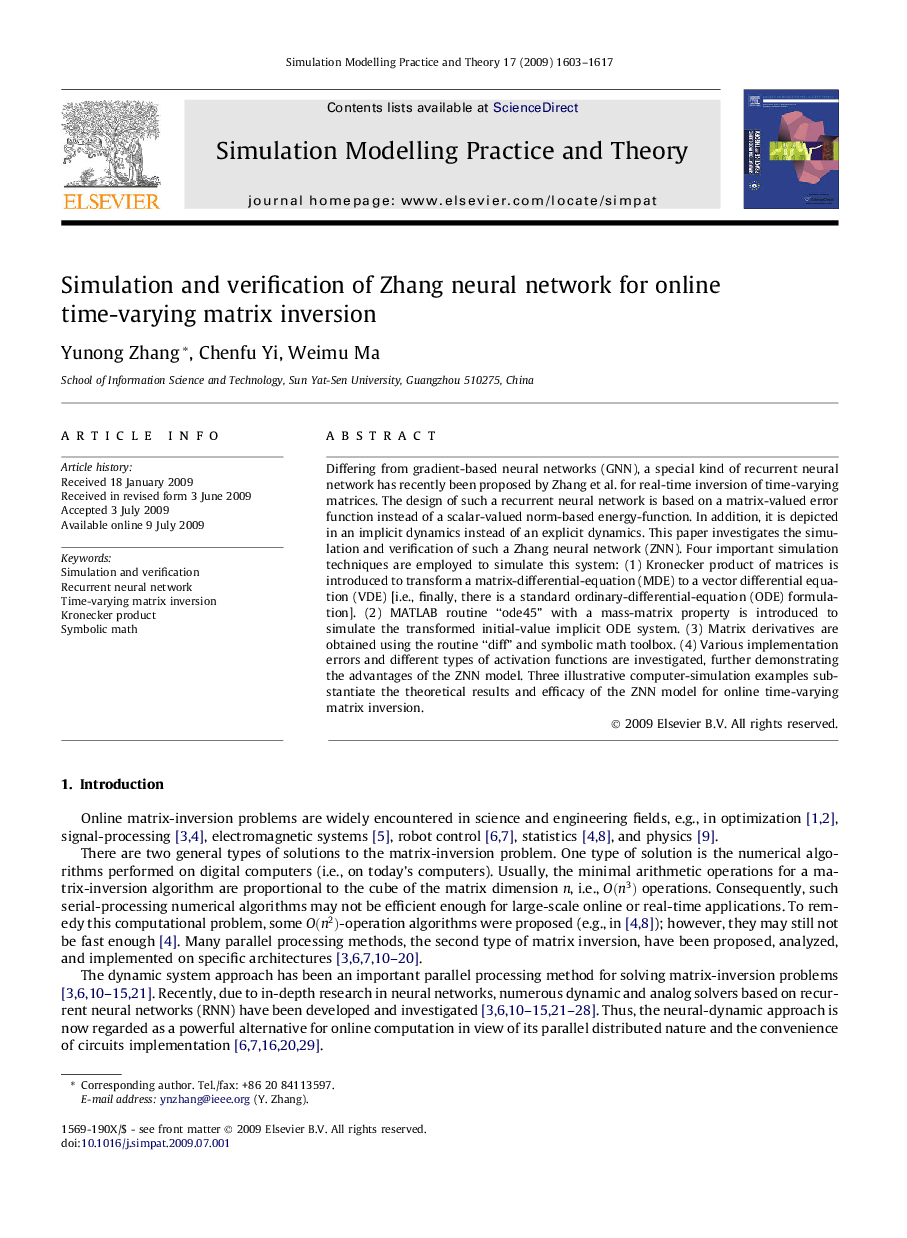 Simulation and verification of Zhang neural network for online time-varying matrix inversion