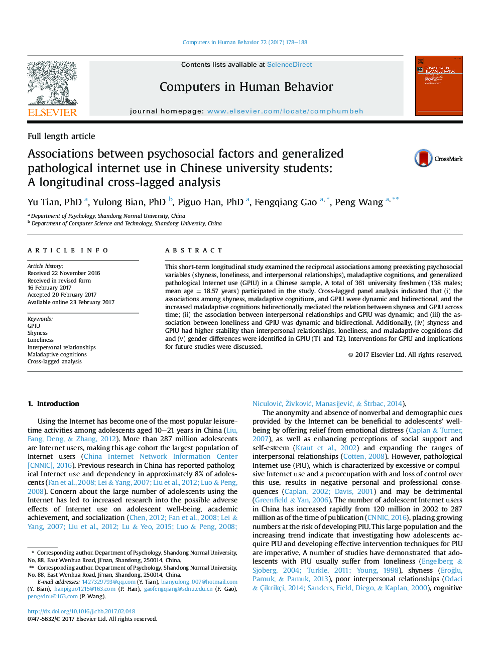 Associations between psychosocial factors and generalized pathological internet use in Chinese university students: A longitudinal cross-lagged analysis