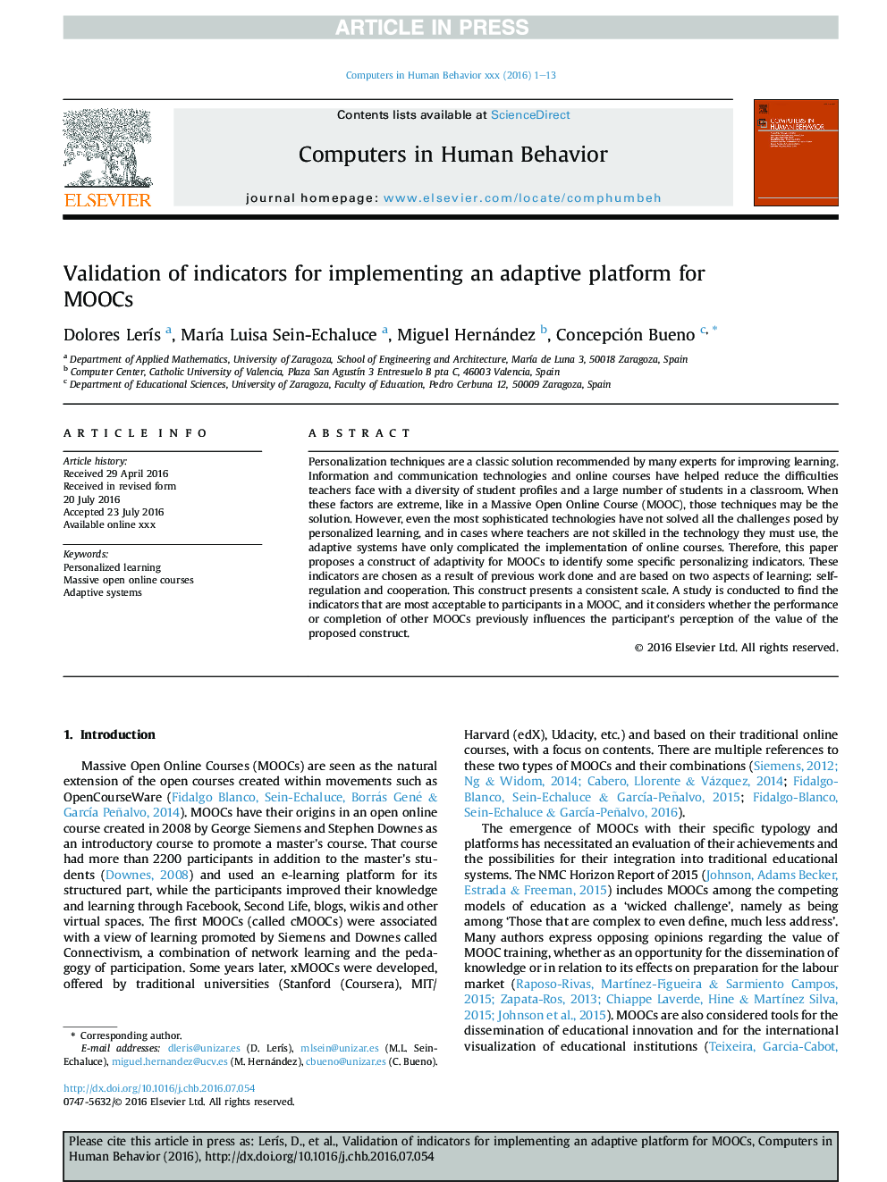 Validation of indicators for implementing an adaptive platform for MOOCs