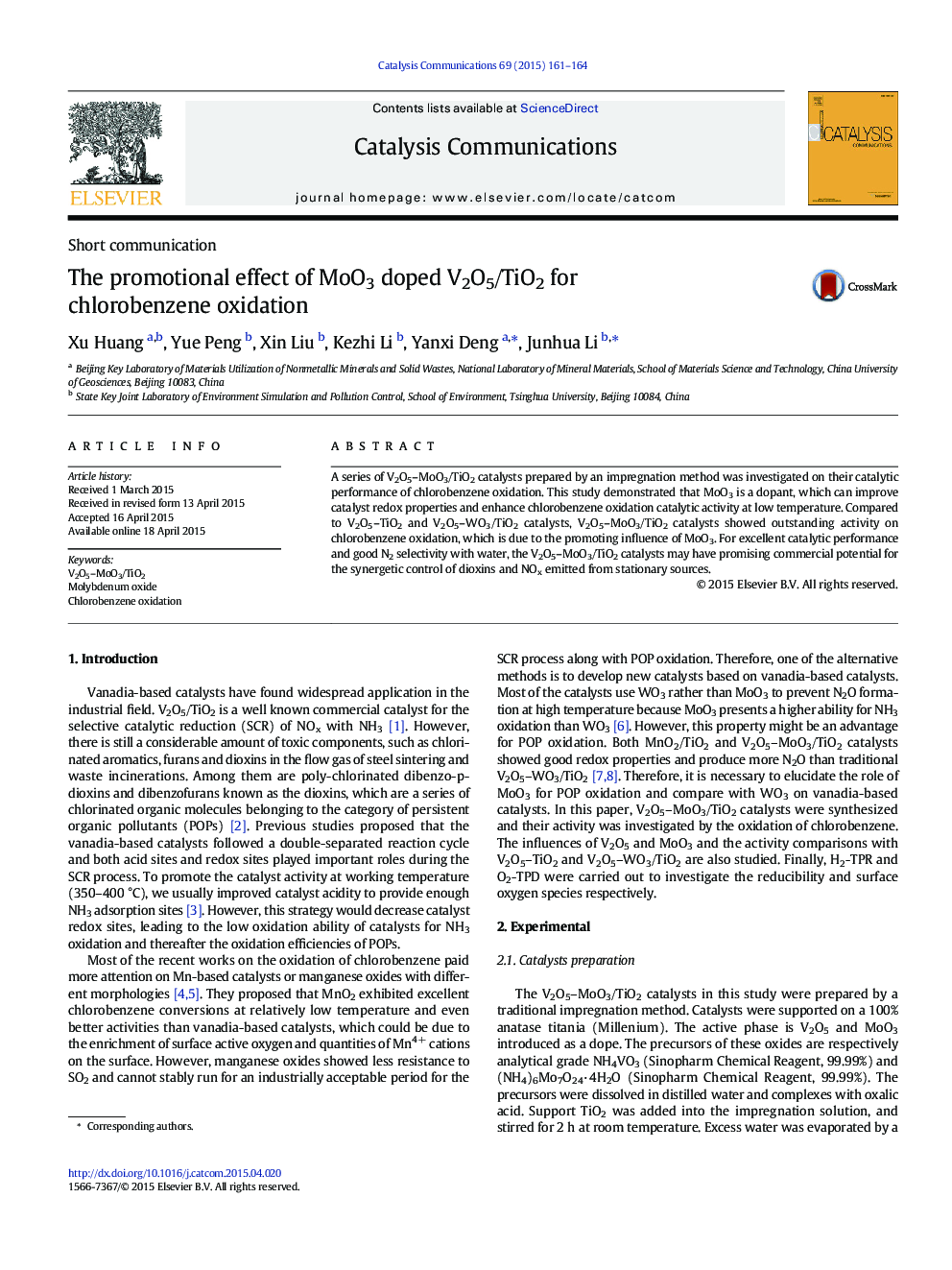 The promotional effect of MoO3 doped V2O5/TiO2 for chlorobenzene oxidation