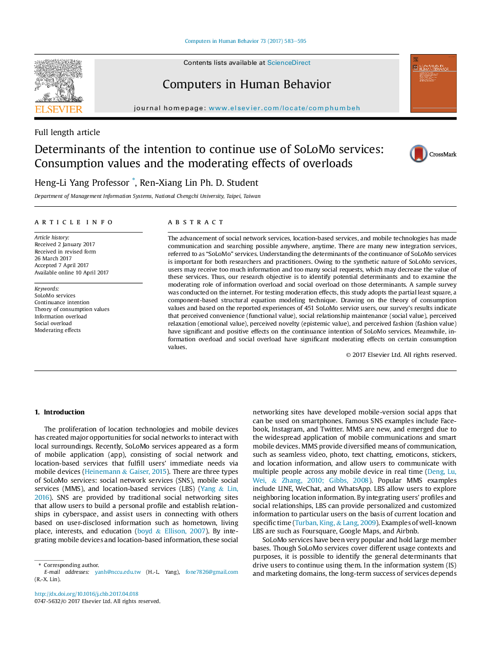 Determinants of the intention to continue use of SoLoMo services: Consumption values and the moderating effects of overloads