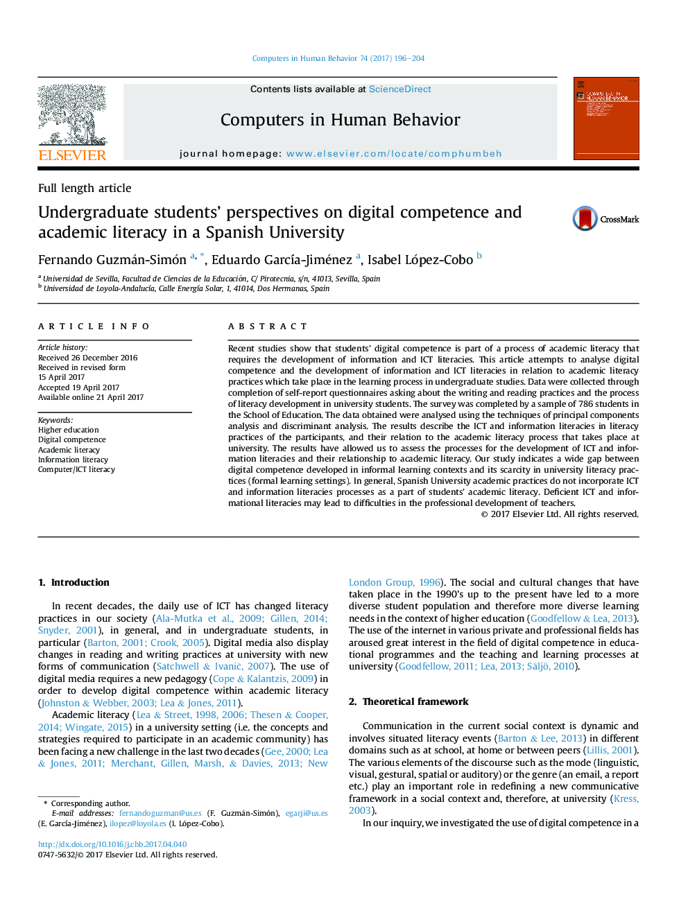 دیدگاه دانشجویان در مورد مهارت های دیجیتالی و سوادآموزی دانشگاهی در یک دانشگاه اسپانیایی 