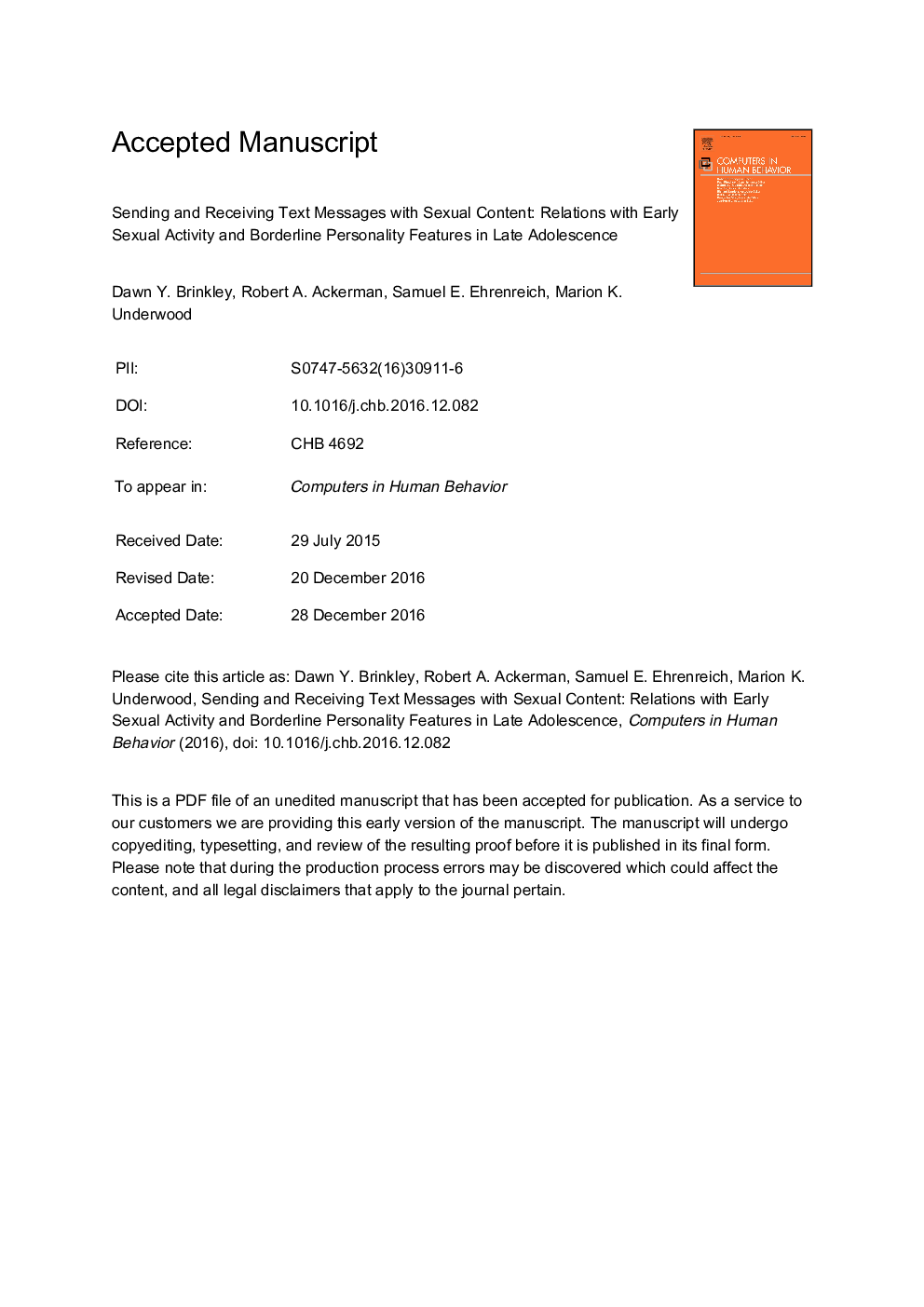 Sending and receiving text messages with sexual content: Relations with early sexual activity and borderline personality features in late adolescence